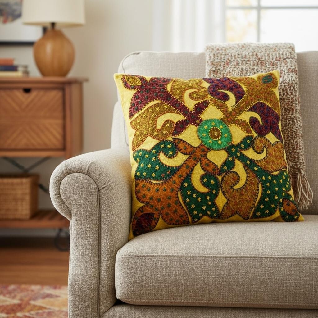 Set Of Two 16 Brown And Green Patchwork Floral Cotton Throw Pillows With Applique And Embroidery