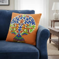 Set Of Two 16 Orange And Blue Patchwork Tree Cotton Throw Pillows With Applique And Embroidery