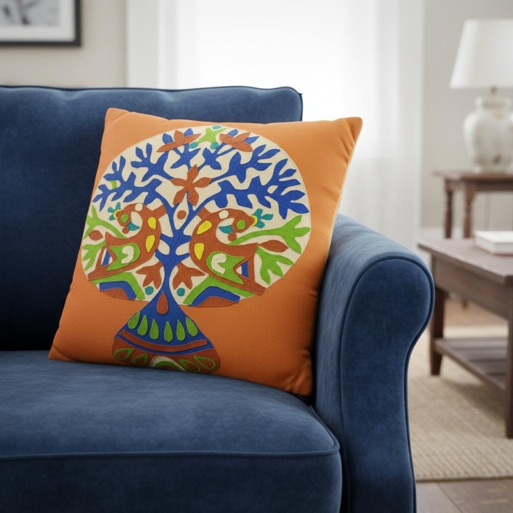 Set Of Two 16 Orange And Blue Patchwork Tree Cotton Throw Pillows With Applique And Embroidery