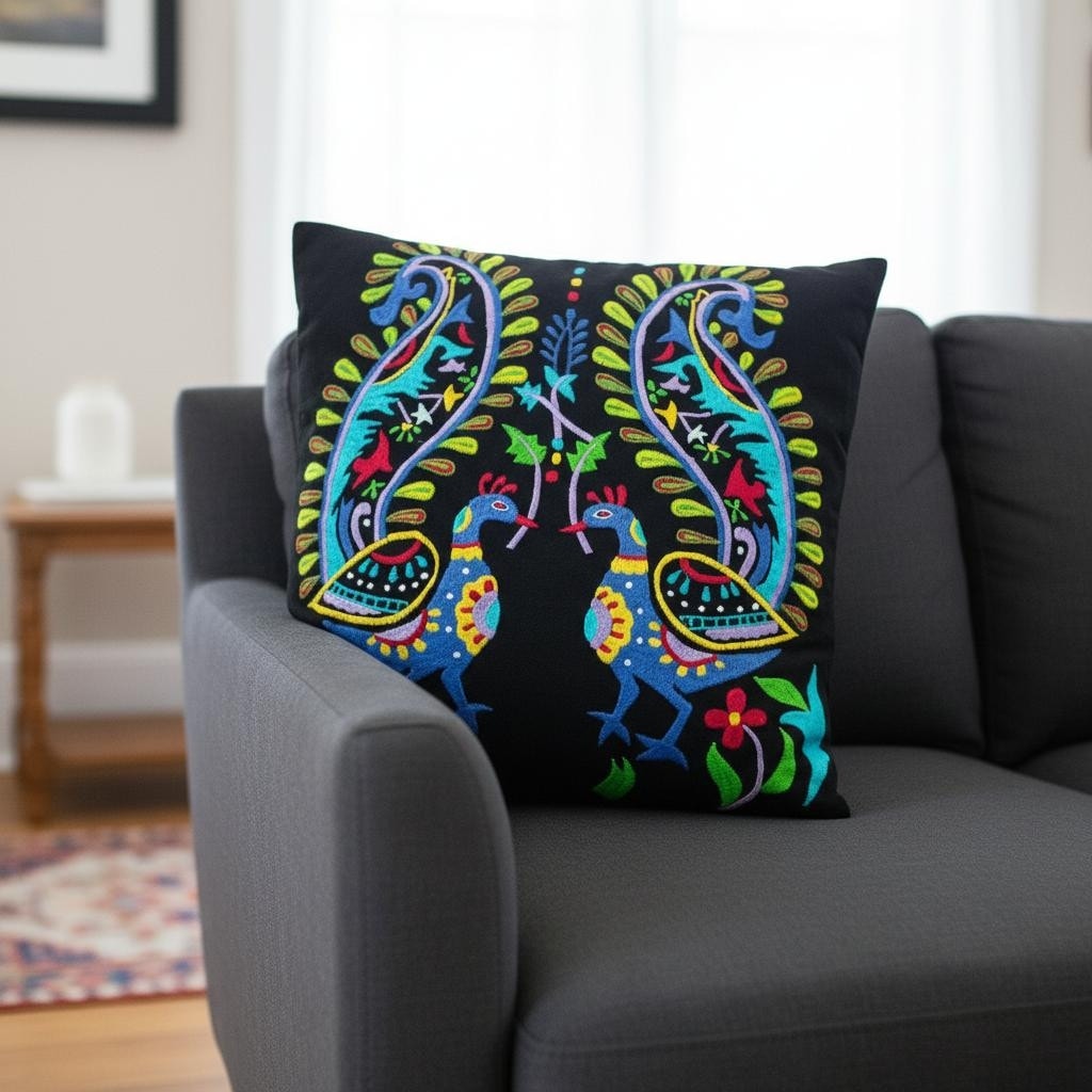 Set Of Two 18 Black And Blue Peacock Cotton Throw Pillows With Embroidery