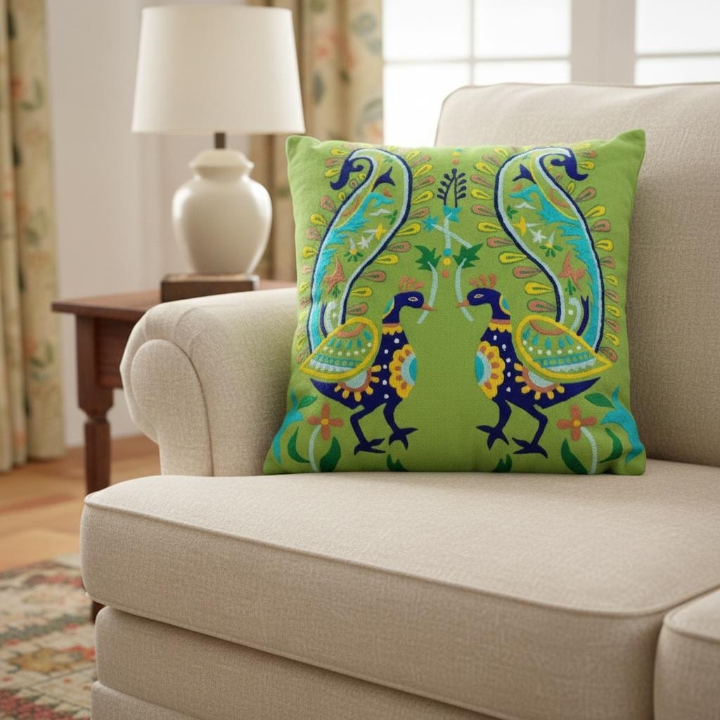 Set Of Two 18 Blue And Green Peacock Cotton Throw Pillows With Embroidery