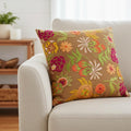 Set Of Two 20 Brown Green And Pink Floral Cotton Throw Pillows With Embroidery