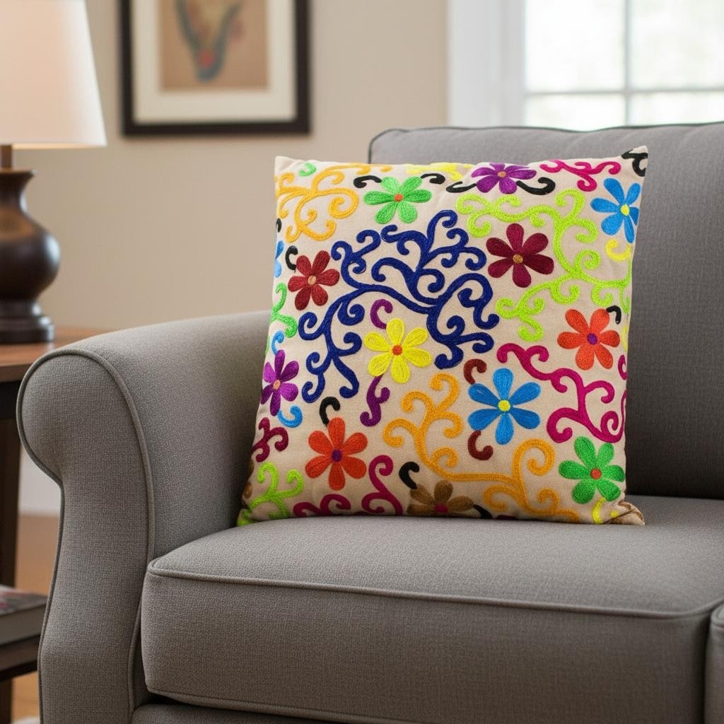 Set Of Two 20 Natural Blue And Yellow Floral Cotton Throw Pillows With Embroidery