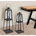 Set Of Two Black Distressed Ornate Iron Tabletop Lantern Candle Holders