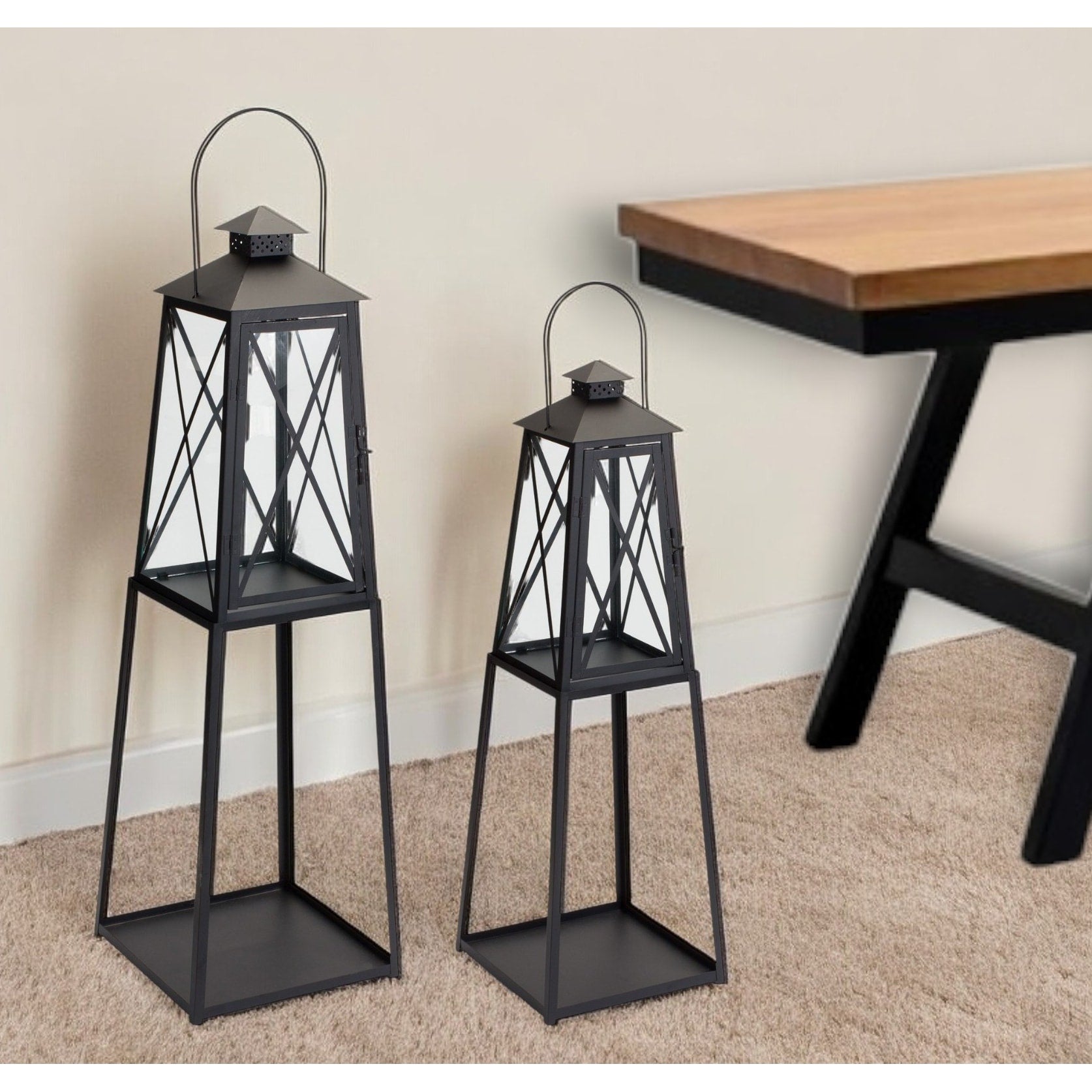 Set Of Two Black Distressed Ornate Iron Tabletop Lantern Candle Holders