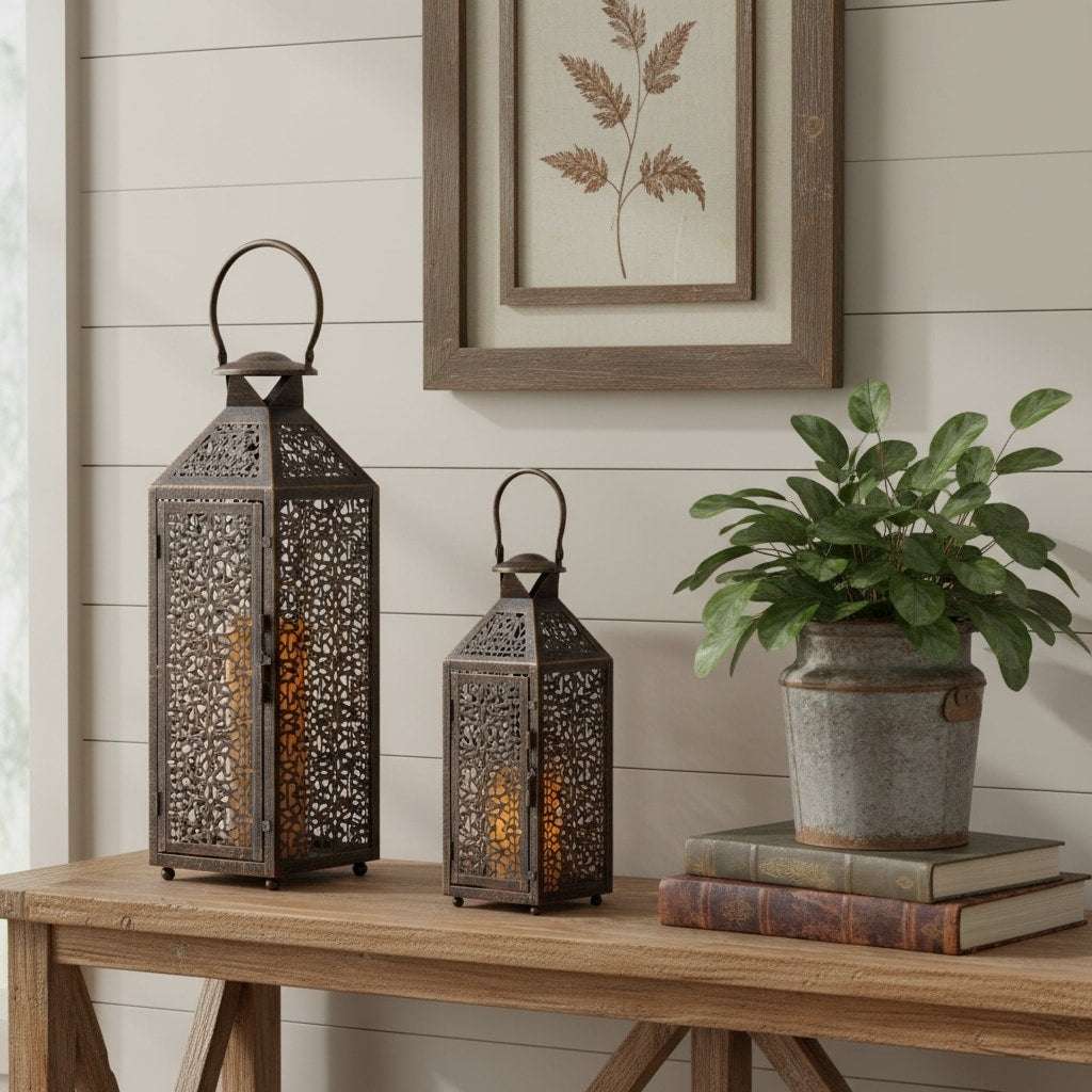 Set Of Two Black Filigree Metal Tabletop Lantern Candle Holders