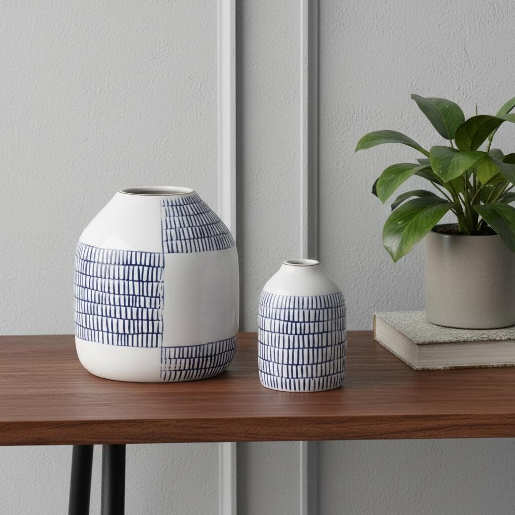 Set Of Two Blue And White Checkered Ceramic Round Table Vases 6.00