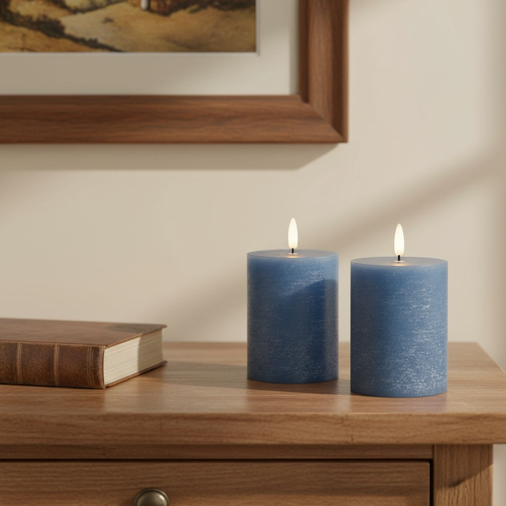 Set Of Two Blue Flameless Pillar Candles