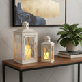 Set Of Two Clear And White Glass And Metal Tabletop Lantern Candle Holders