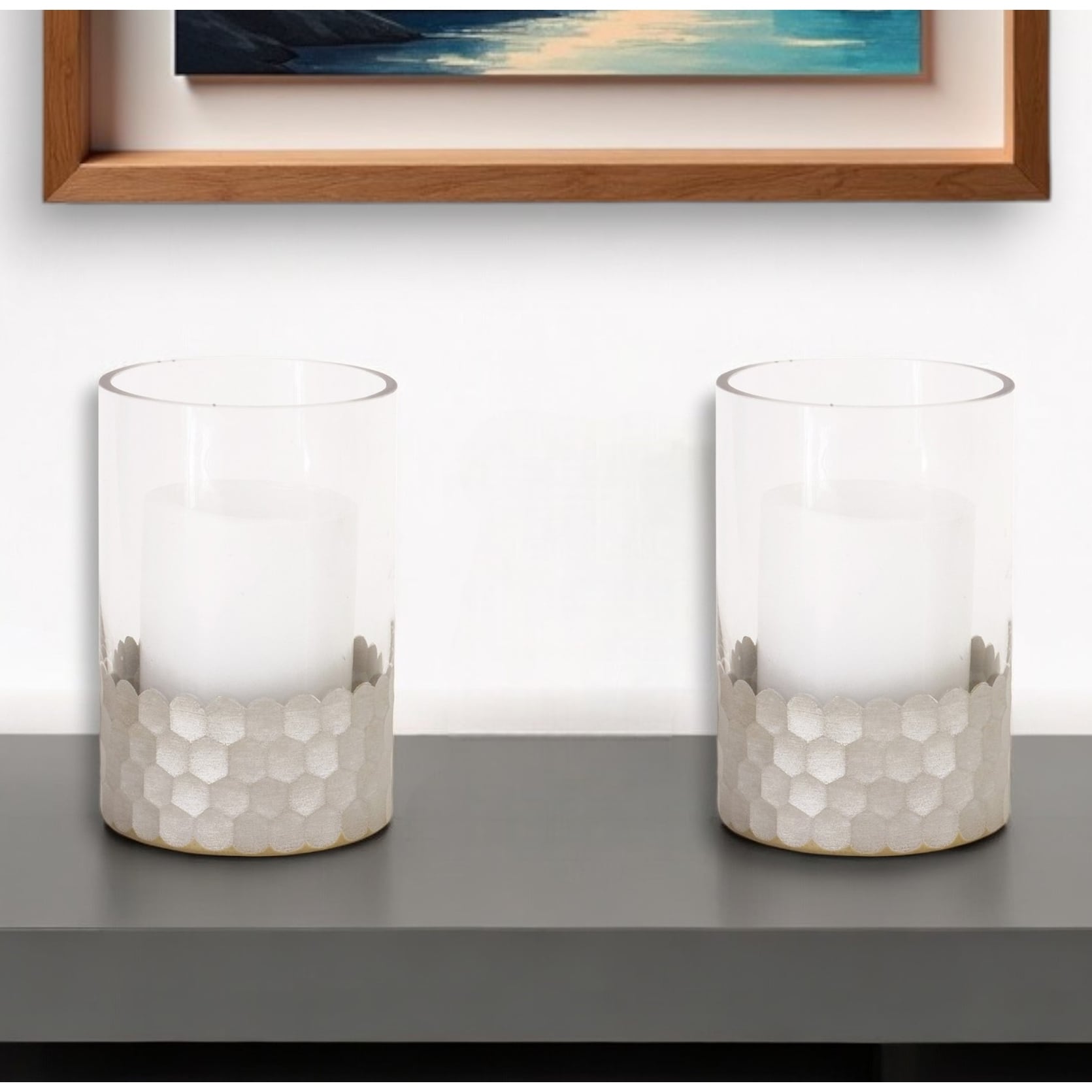 Set Of Two Clear And Silver Glass Geometric Tabletop Pillar Candle Holders