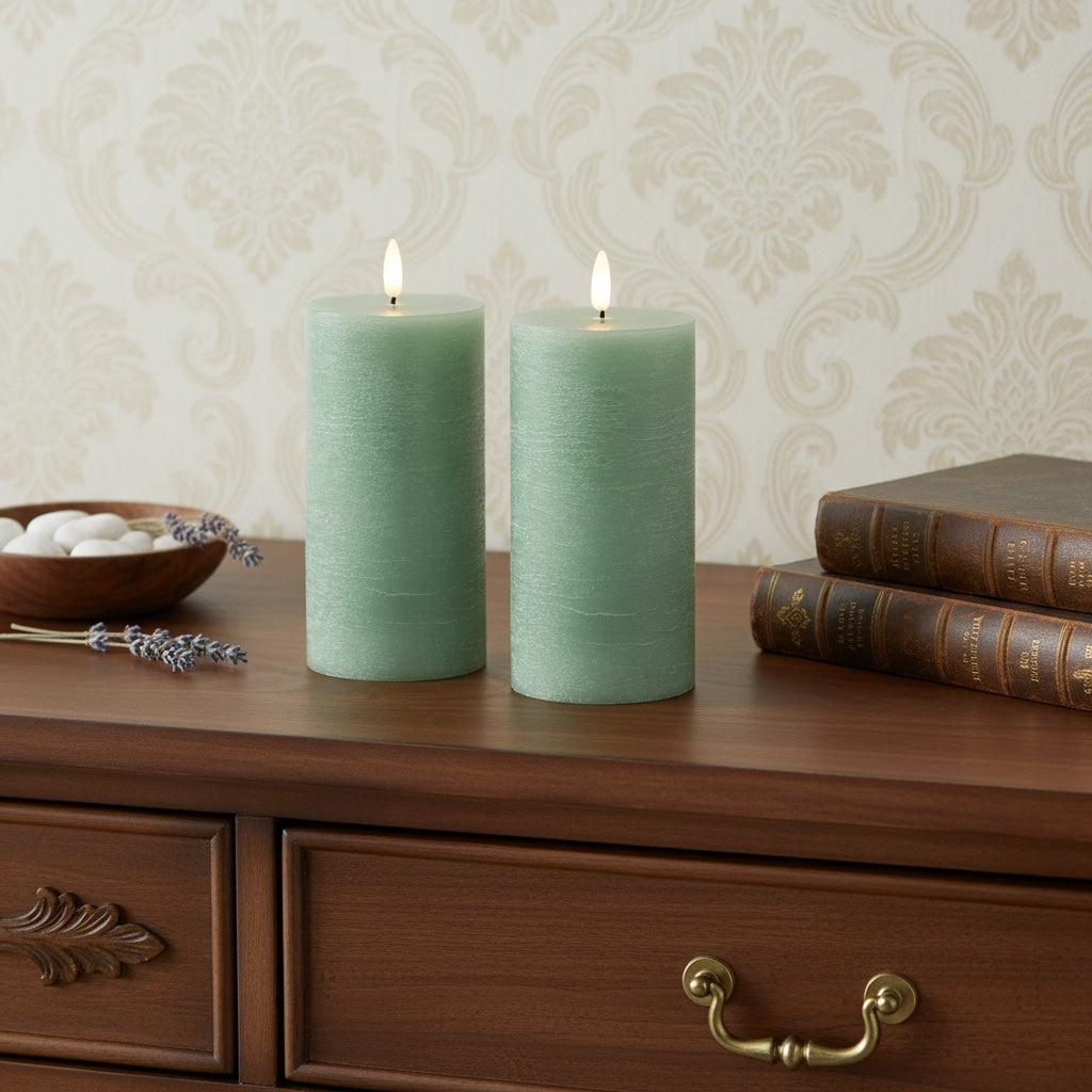 Set Of Two Green Flameless Pillar Candles