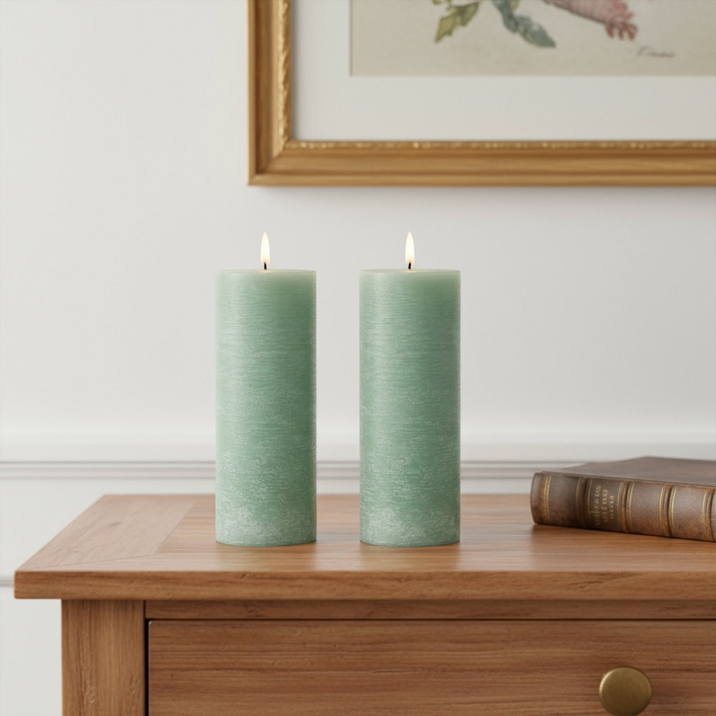 Set Of Two Green Flameless Pillar Candles