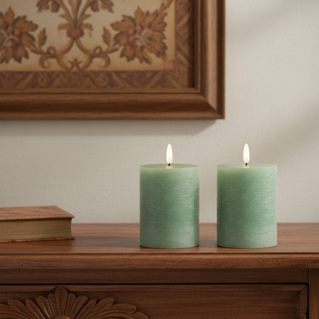 Set Of Two Green Flameless Pillar Candles