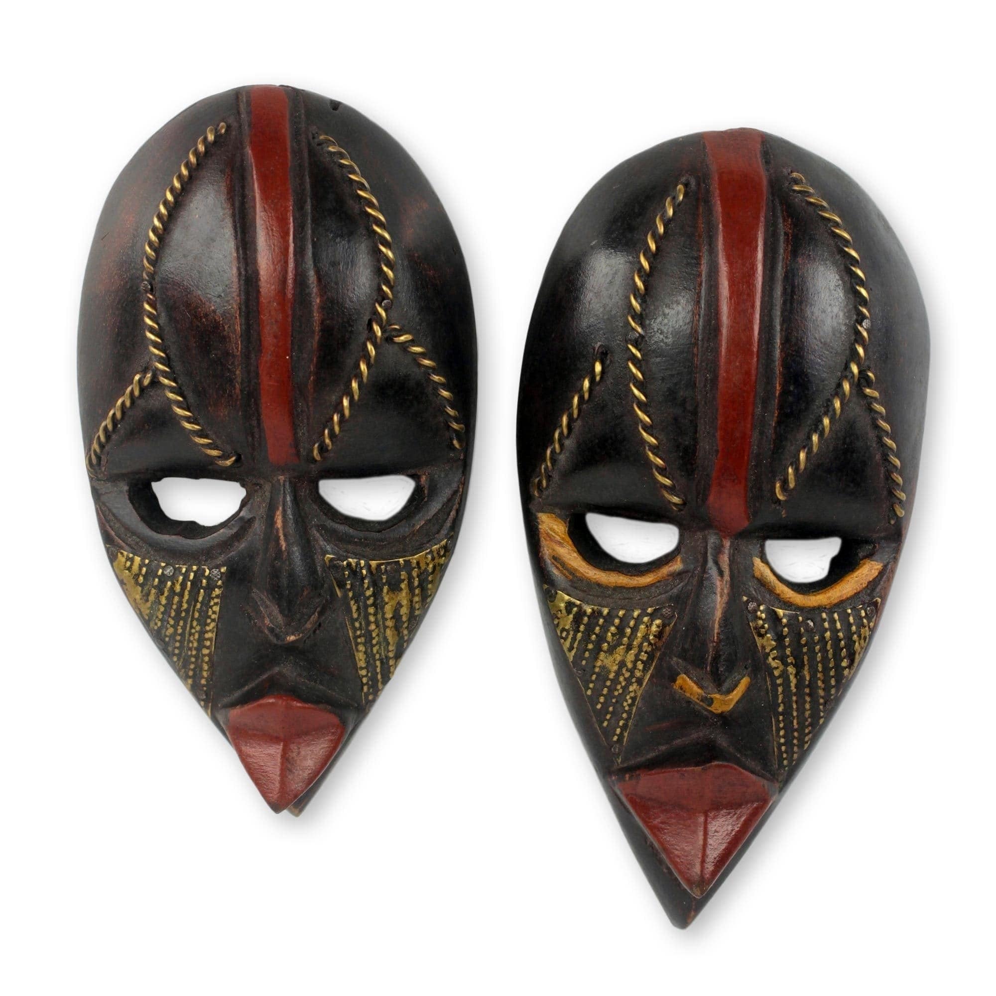 Handmade Set Of Two Sese Wood Ntaafo African Mini Masks Ghana