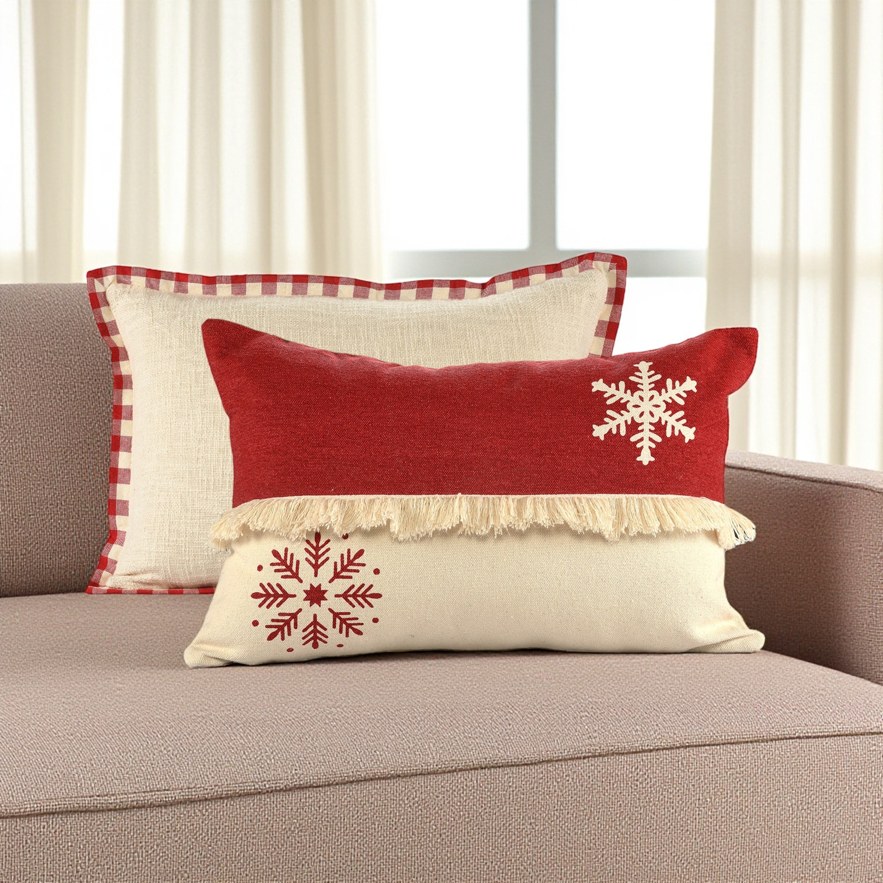 Set Of Two Ivory And Red Lumbar Christmas Cotton Throw Pillow Covers