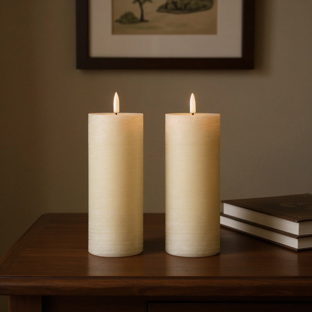 Set Of Two Ivory Flameless Pillar Candles
