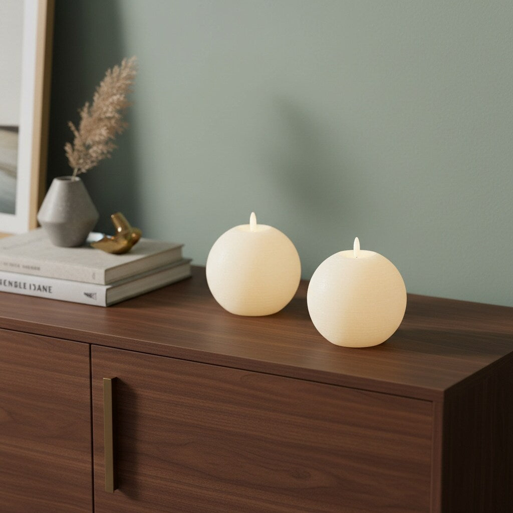 Set Of Two Ivory Round Flameless Designer Candles