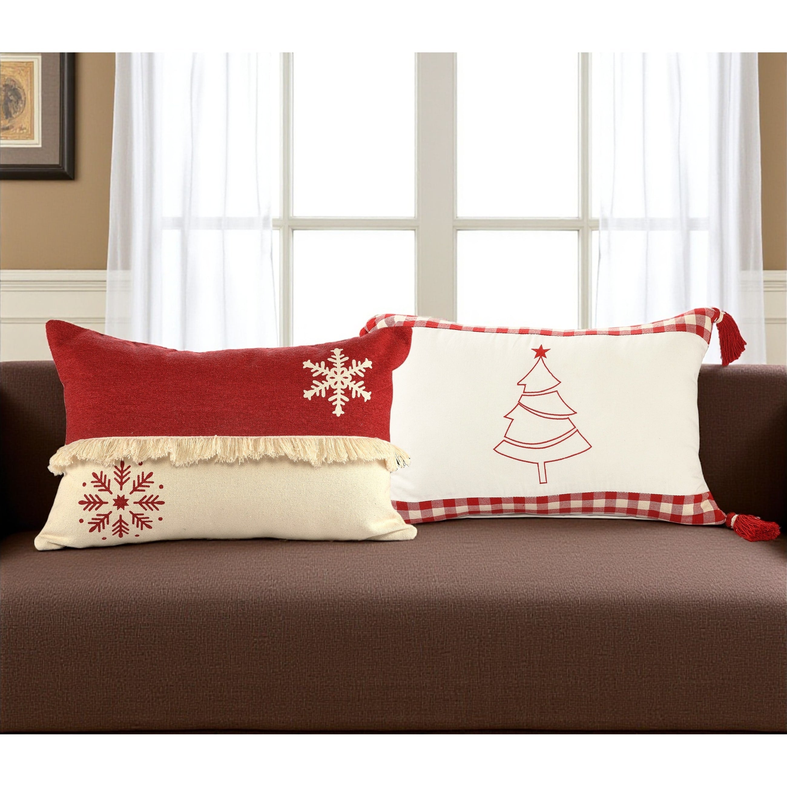 Set Of Two Red And White Lumbar Christmas Cotton Throw Pillow Covers