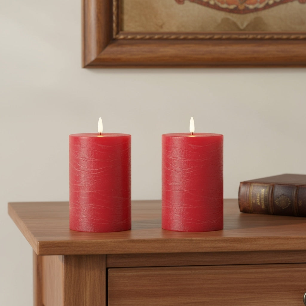 Set Of Two Red Flameless Pillar Candles