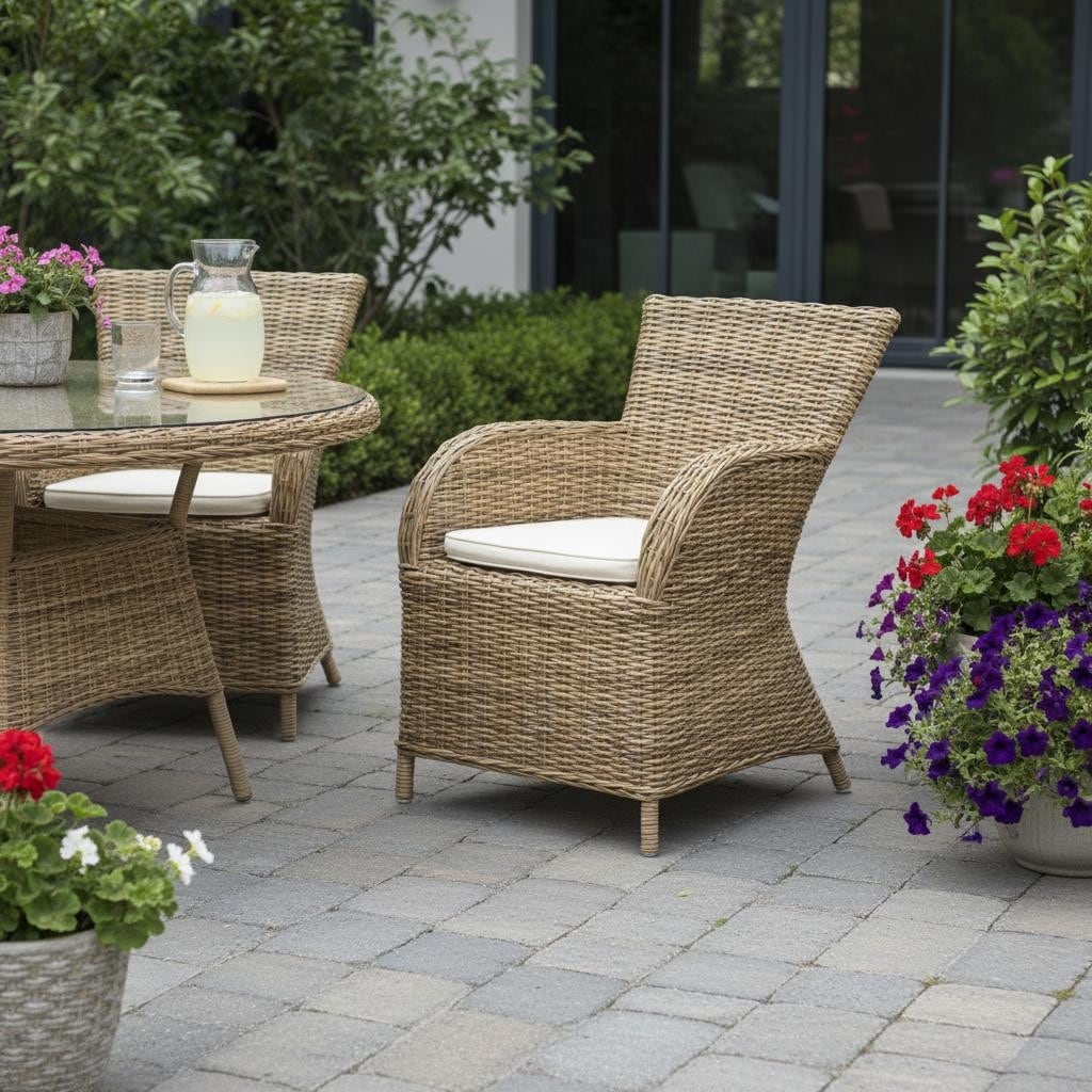 Homeroots Set Of Two Tan Textured Outdoor Dining Chairs With Beige Cushions