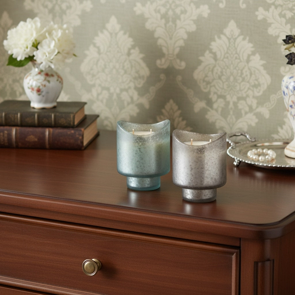 Set Of Two White Currant Scented Two Wick Candles In Frosted Glass Holders