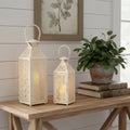 Set Of Two White Filigree Metal Tabletop Lantern Candle Holders