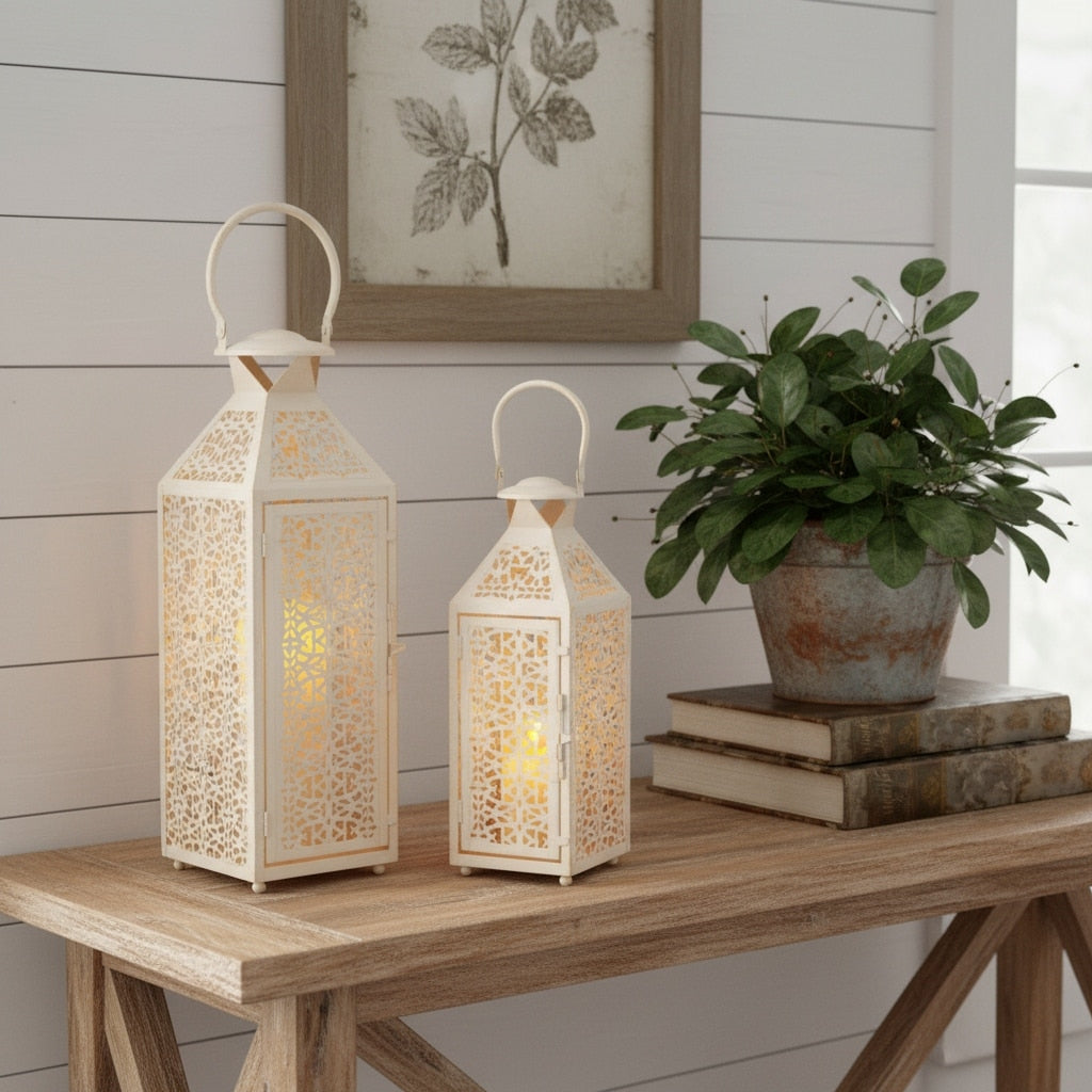Set Of Two White Filigree Metal Tabletop Lantern Candle Holders