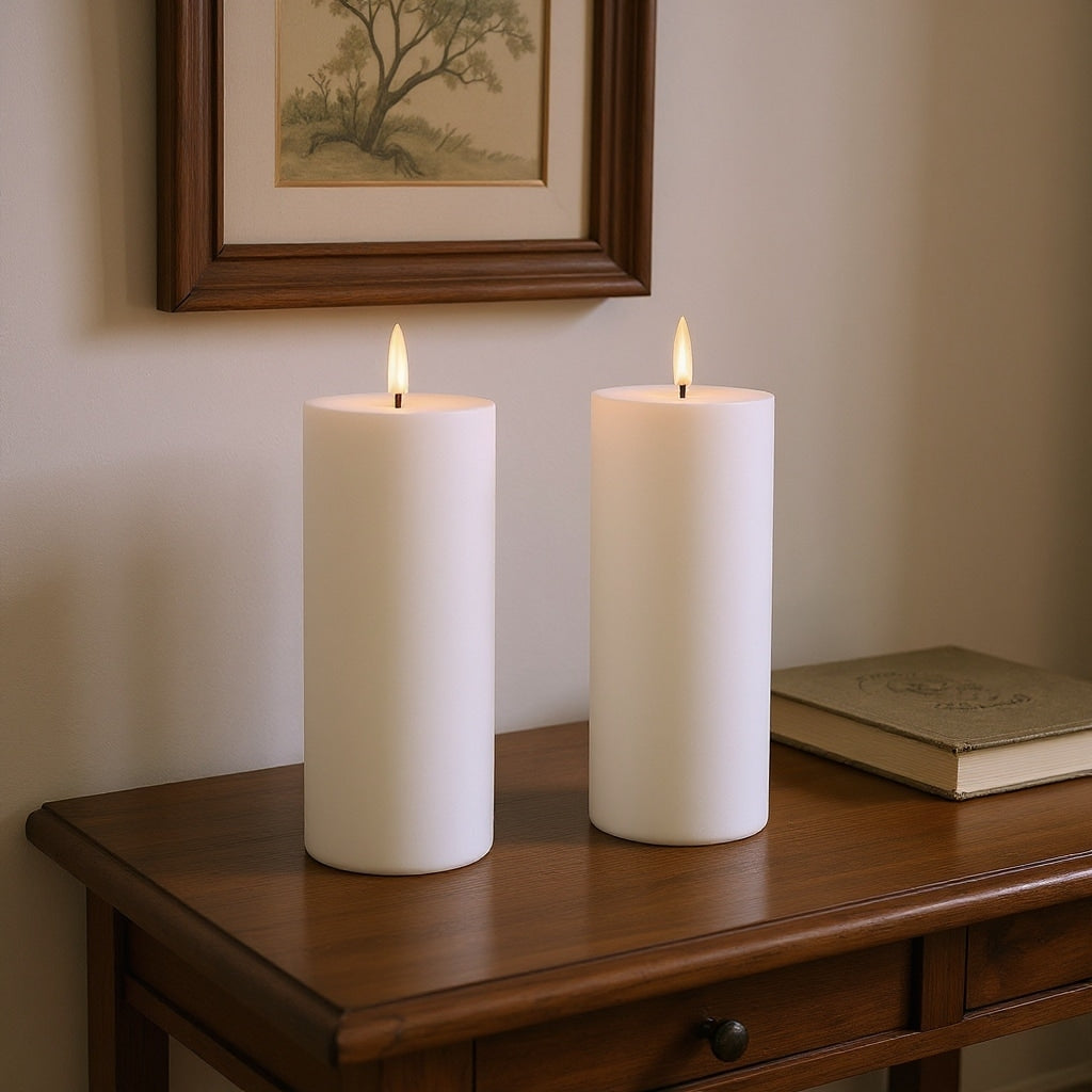 Set Of Two White Flameless Pillar Candles