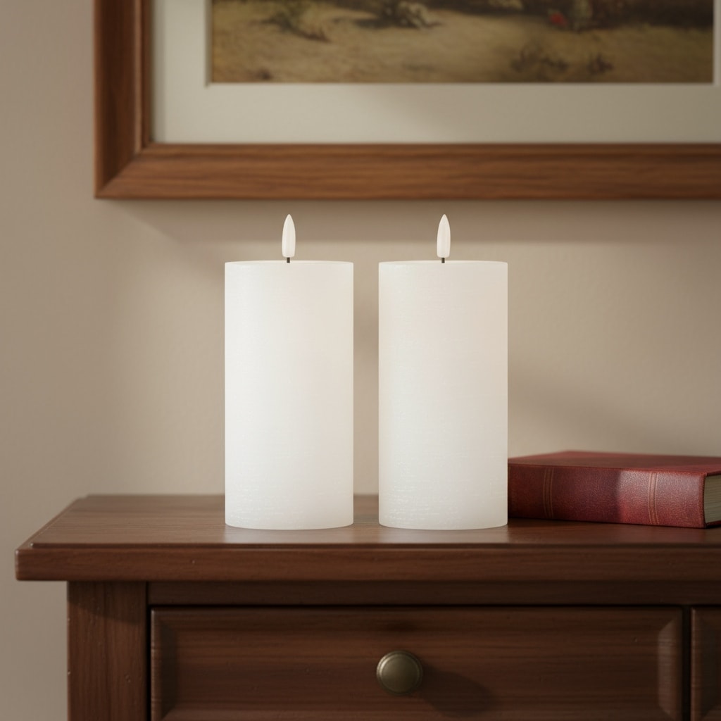 Set Of Two White Flameless Pillar Candles