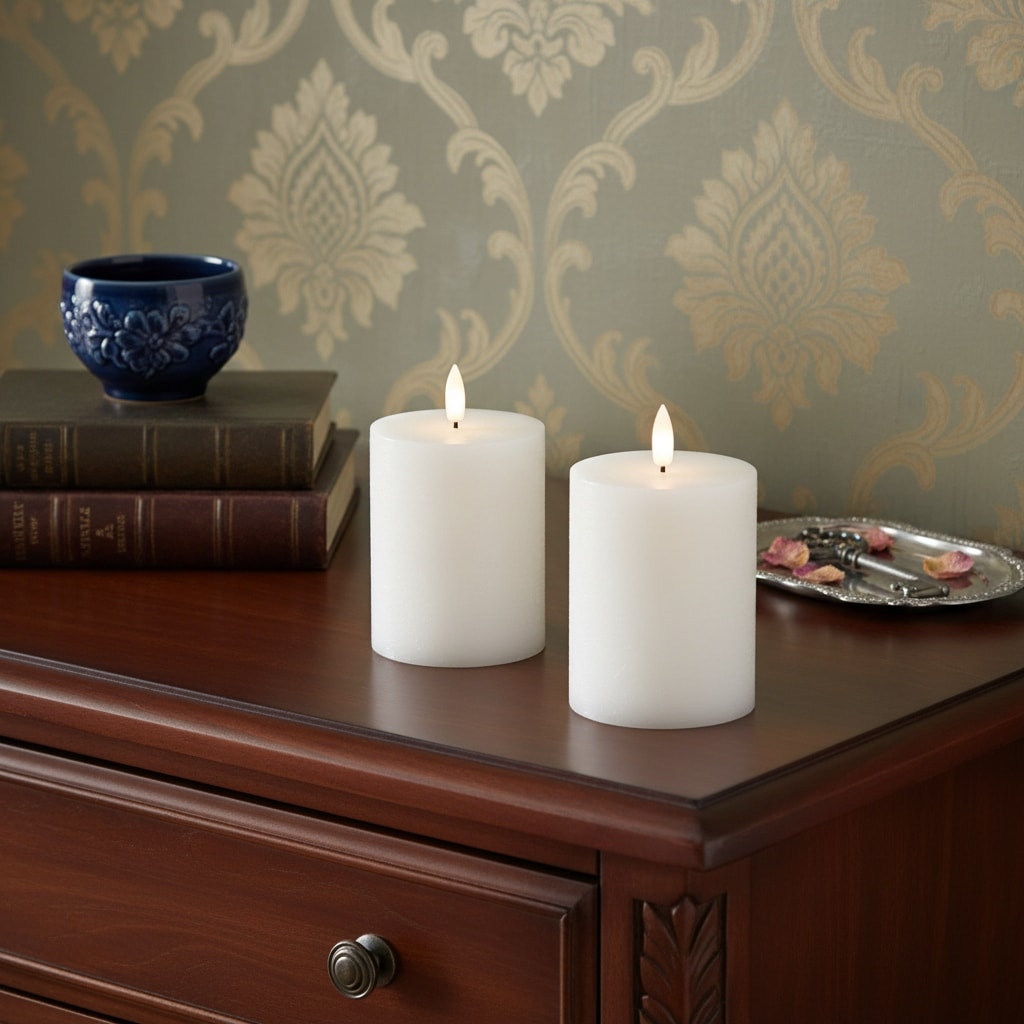Set Of Two White Flameless Pillar Candles