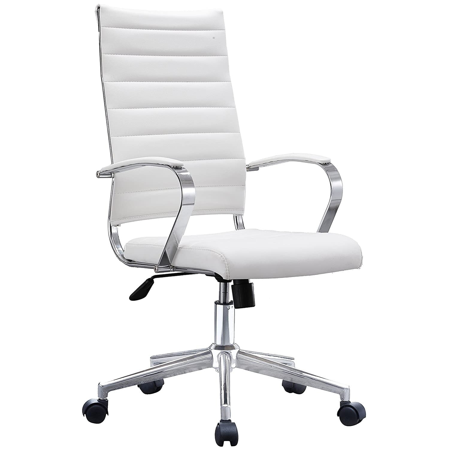 2Xhome Set Of Two 2 Modern White High Back Office Chair Ribbed Pu Leather Swivel Tilt Computer Desk Cushion Seat Boss