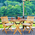 Seven Seas Teak 3 Piece Teak Wood Long Beach Patio Bistro Dining Set 36 Round Folding Table With 2 Folding Arm Chairs