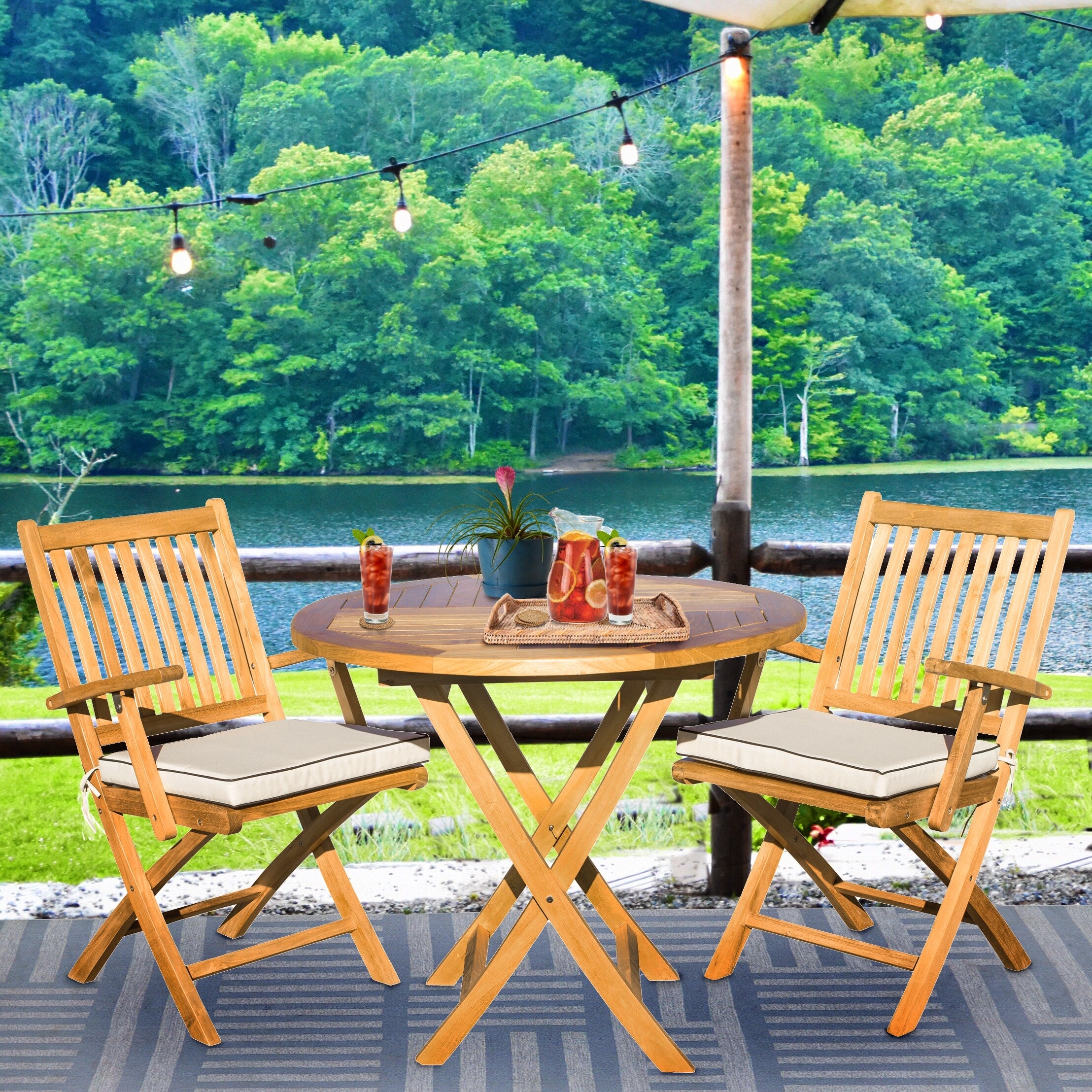 Seven Seas Teak 3 Piece Teak Wood Long Beach Patio Bistro Dining Set 36 Round Folding Table With 2 Folding Arm Chairs