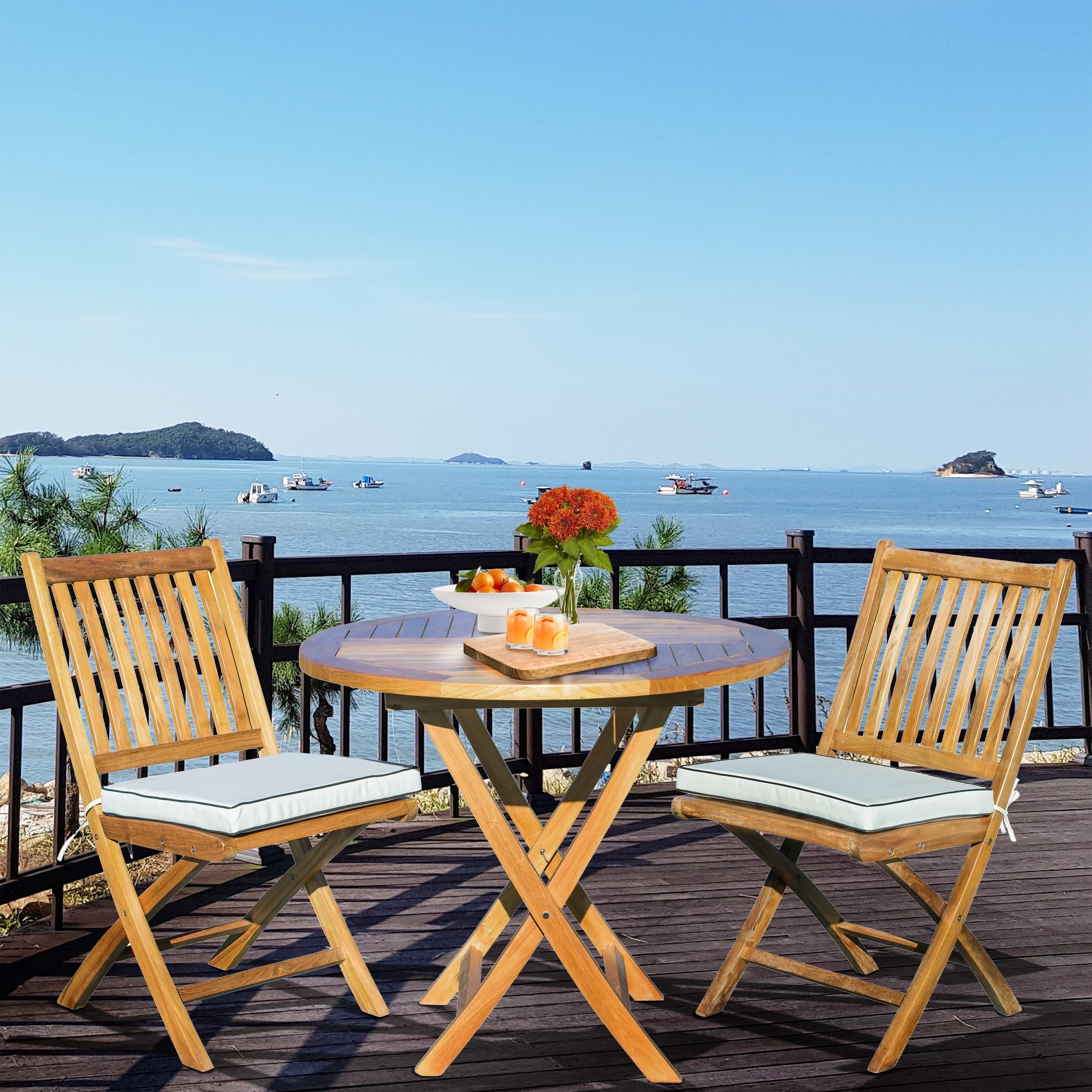 Seven Seas Teak 3 Piece Teak Wood Long Beach Patio Bistro Dining Set 36 Round Folding Table With 2 Folding Side Chairs