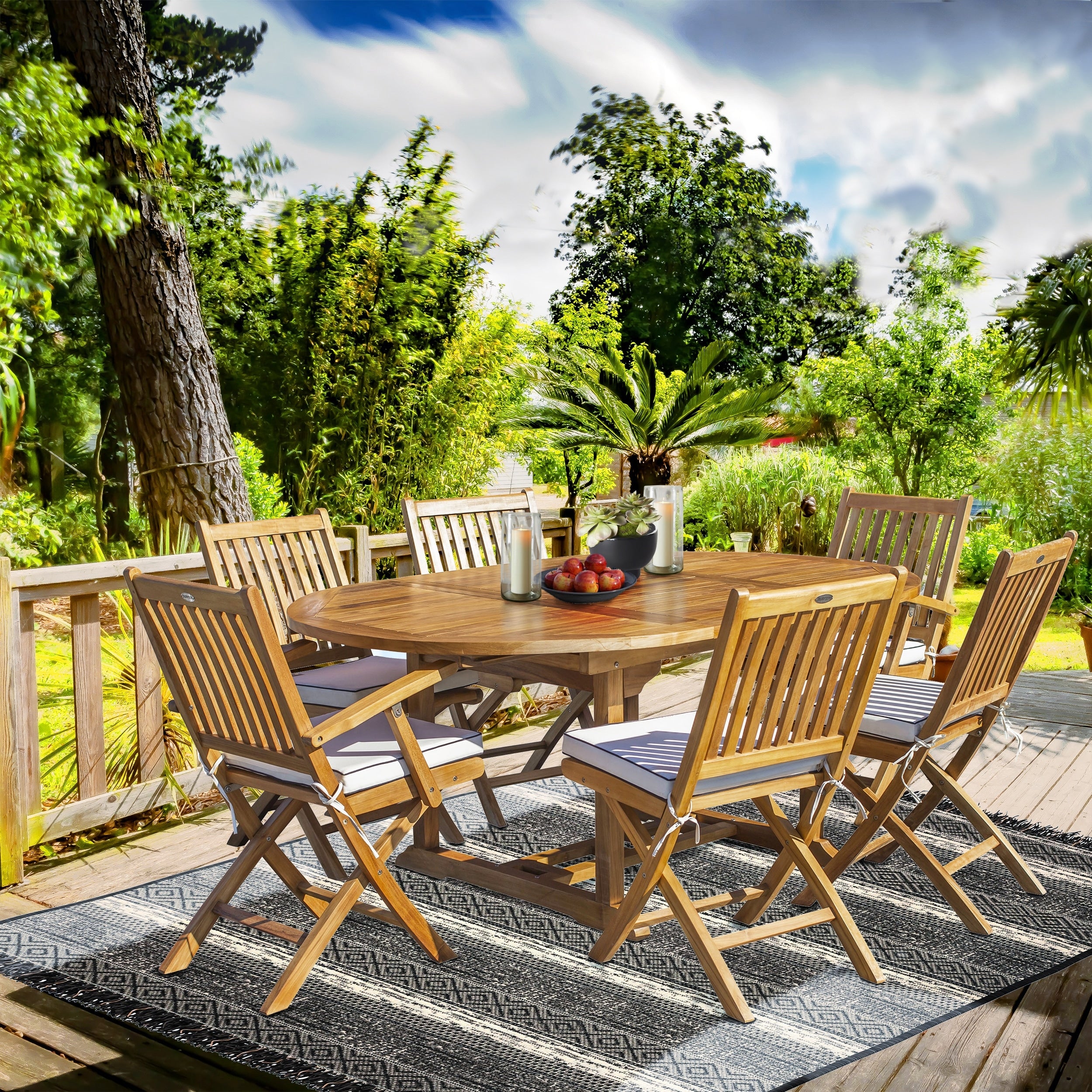 7 Piece Teak Wood San Diego Patio Dining Set With Round To Oval Extension Table 2 Arm Chairs And 4 Side Chairs