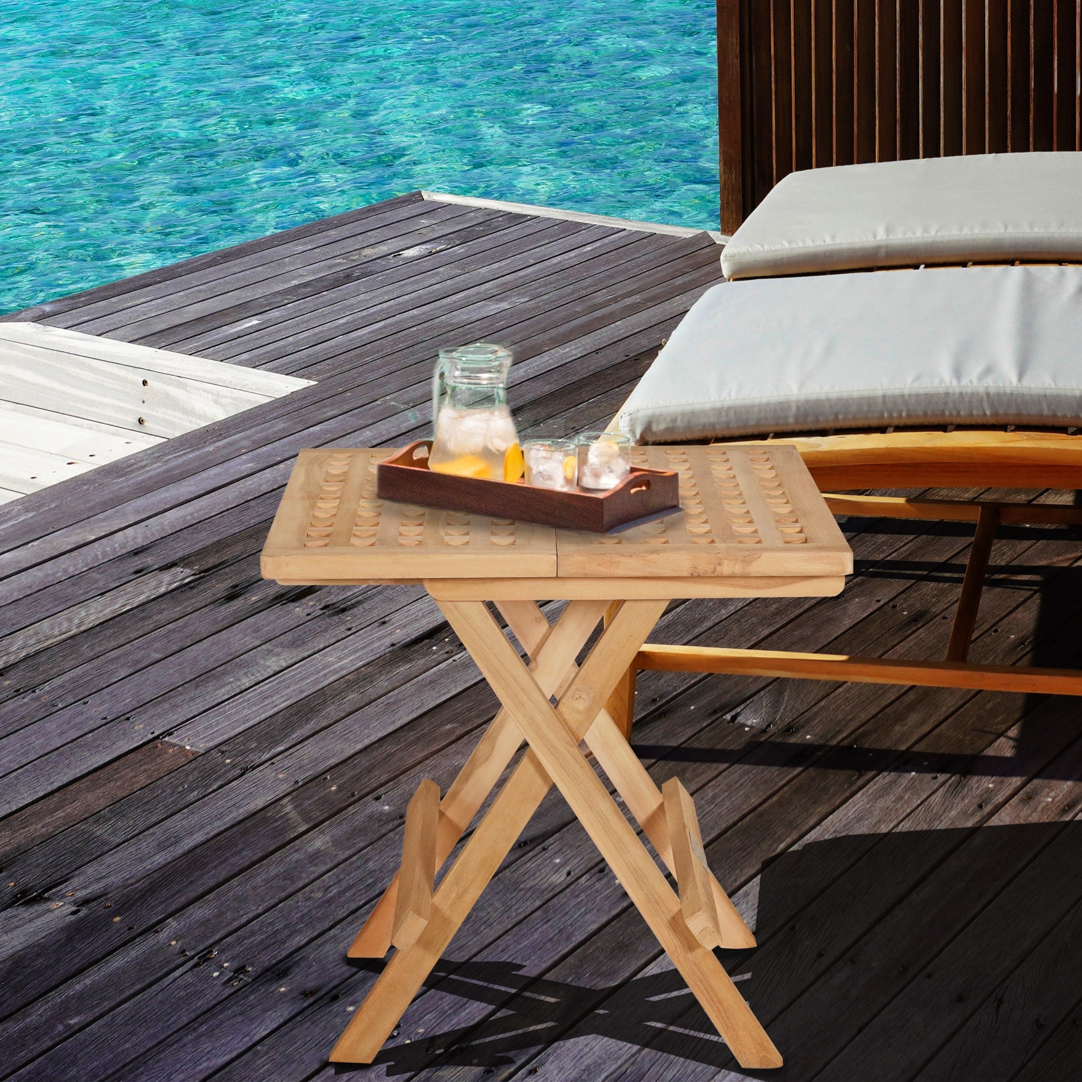 Seven Seas Teak Square Outdoor Teak Wood Folding Picnic Table With Carry Handle