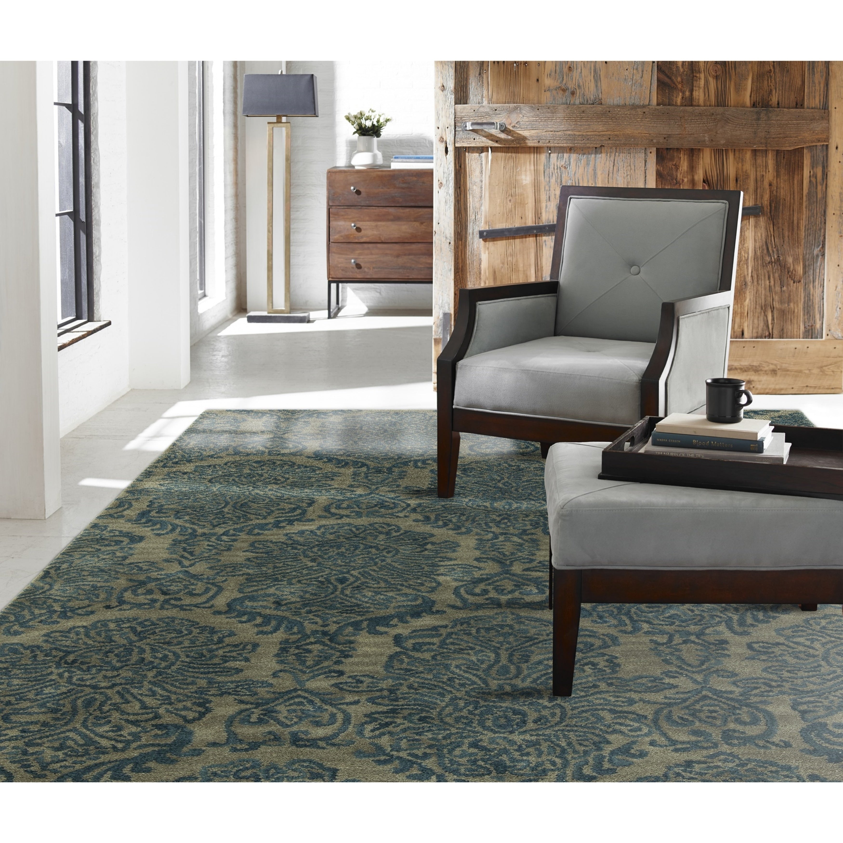 Seville Hand Tufted Blue Wool And Viscose Damask Area Rug 86 X 116