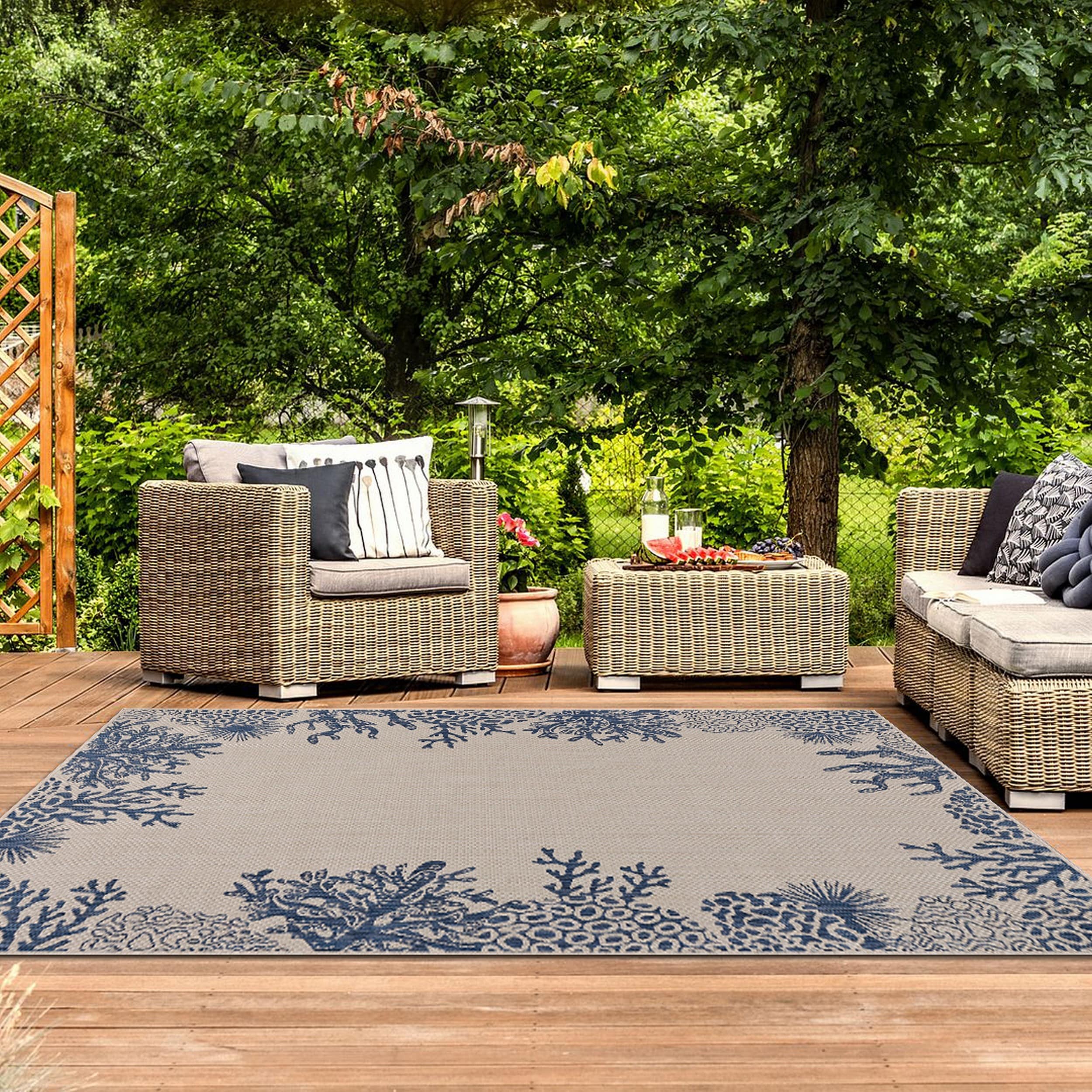 Seaside Coastal Bordered Coral Reef Indoor Outdoor Rug
