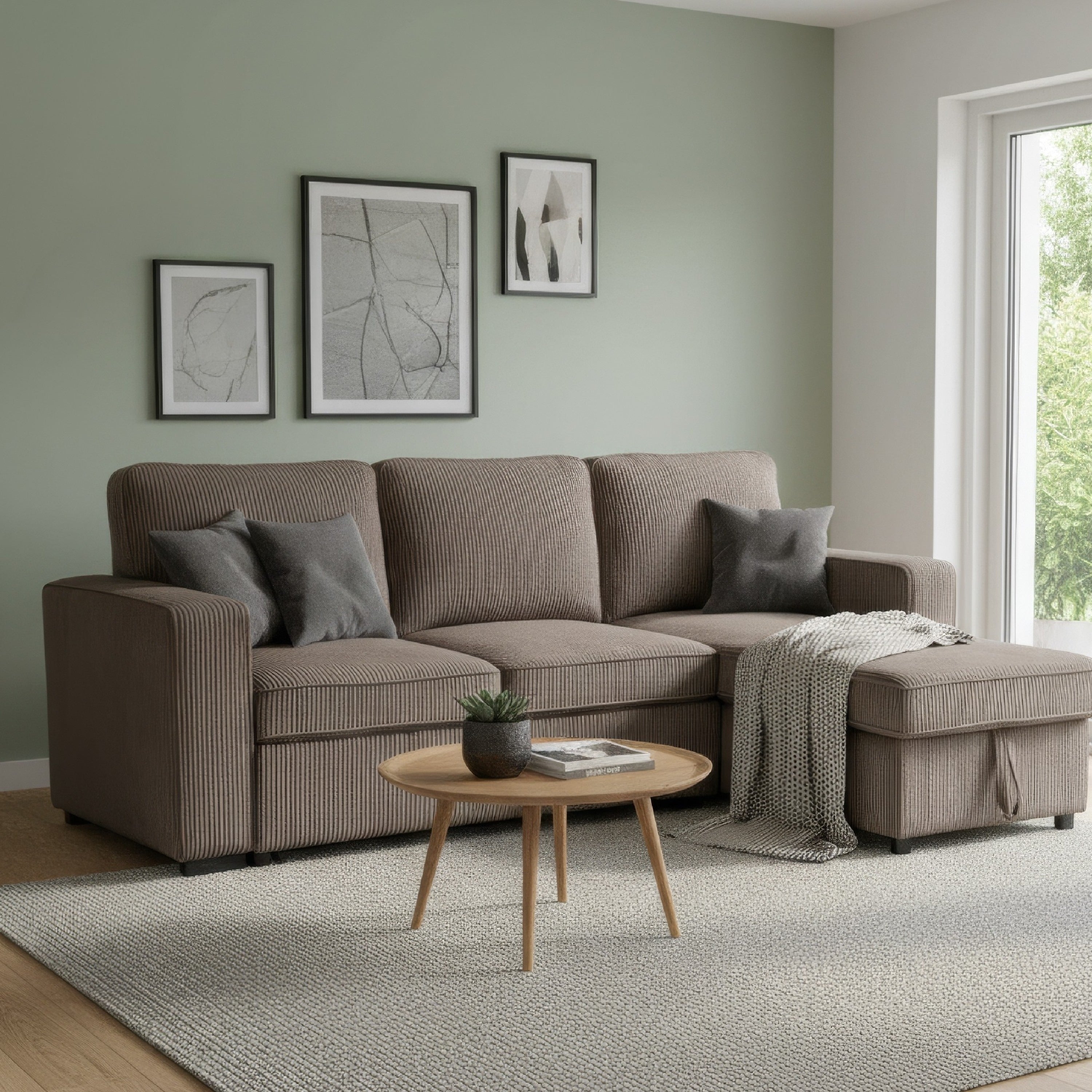 Seya Sleeper L Sectional Sofa Storage Chaise Brown Corduroy 93 Inch