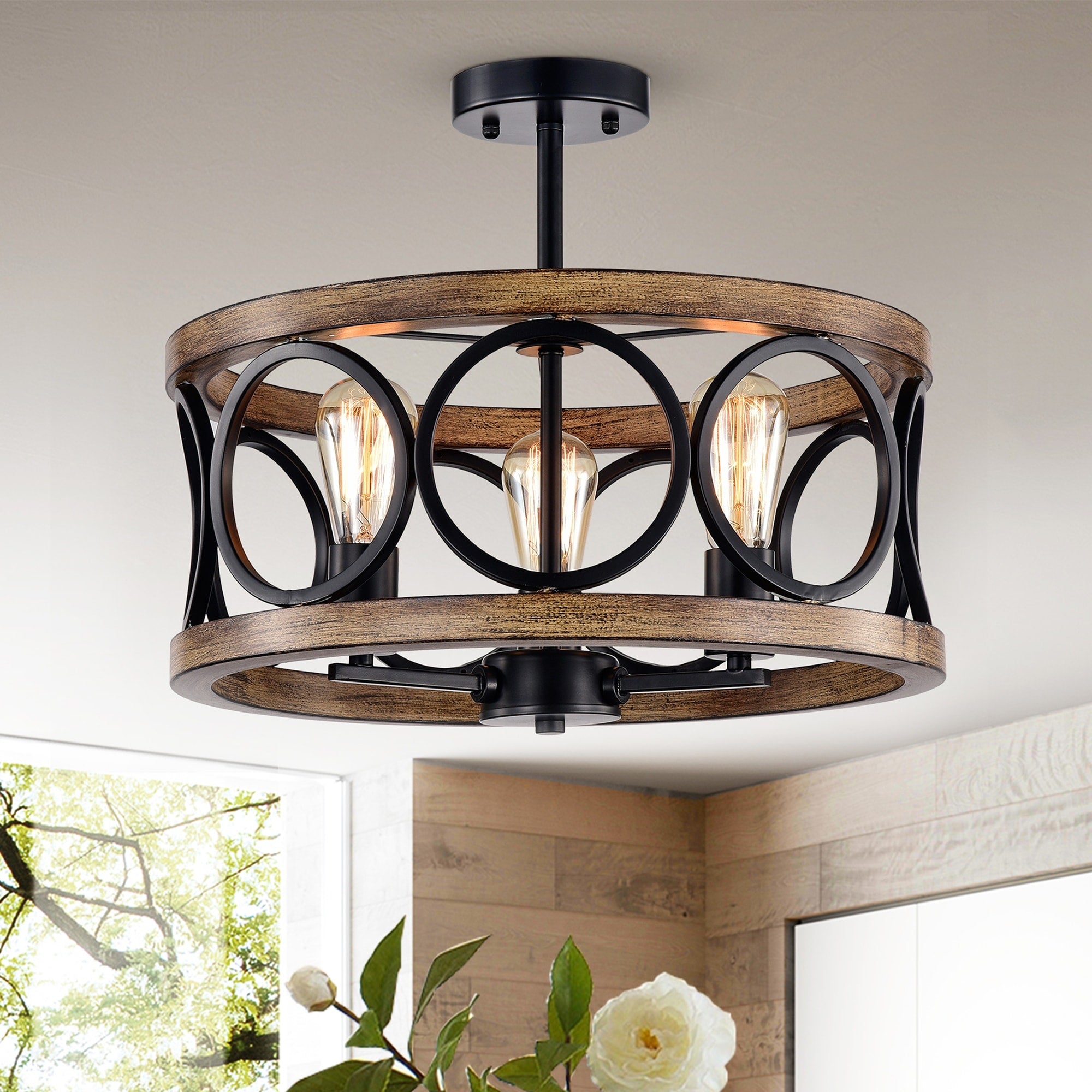 Shacer Matte Black Imitation Wood Grain 3 Light Chandelier