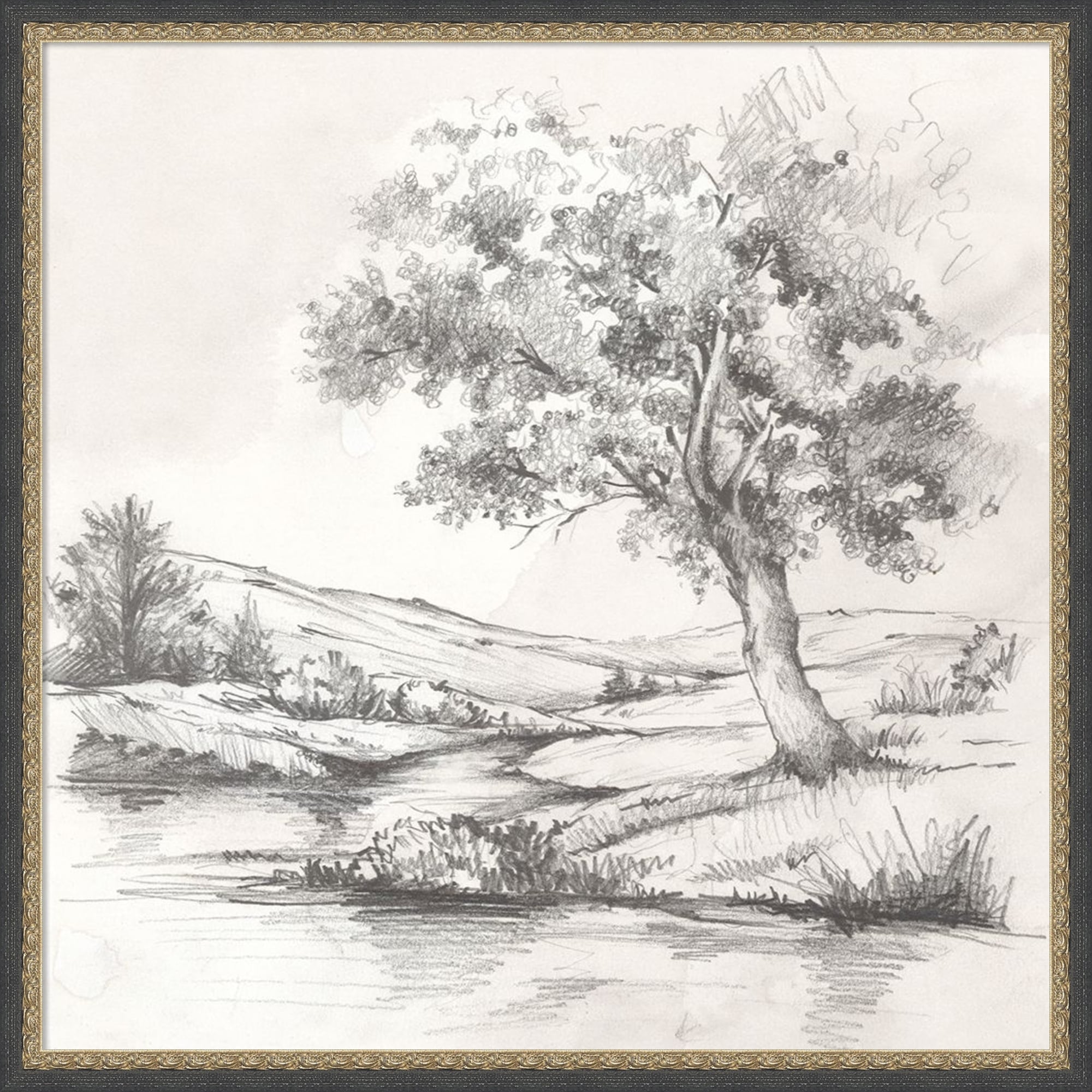 Shaded Tree Beside Quiet Stream By Luna Mavis Framed Mounted Canvas Wall Art Print