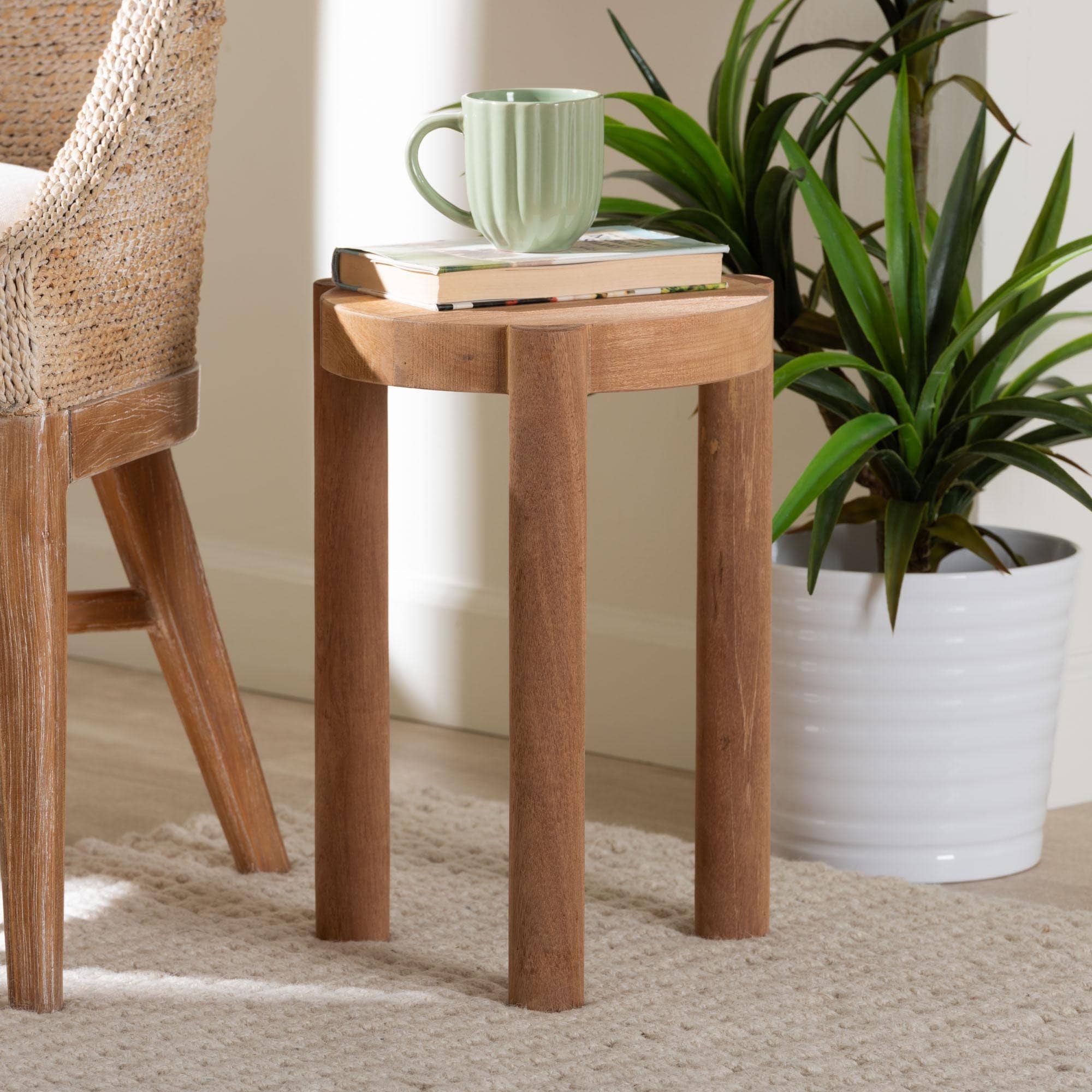 Shadi Acacia Wood Multipurpose Accent Stool Sculptural End Table With Tripod Base For Living Room Or Bedroom