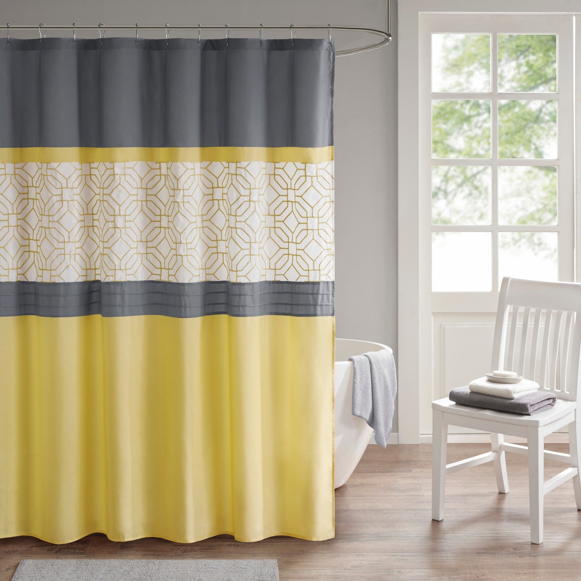 510 Design Shane Yellow Gray Embroidered And Pieced Shower Curtain With Liner