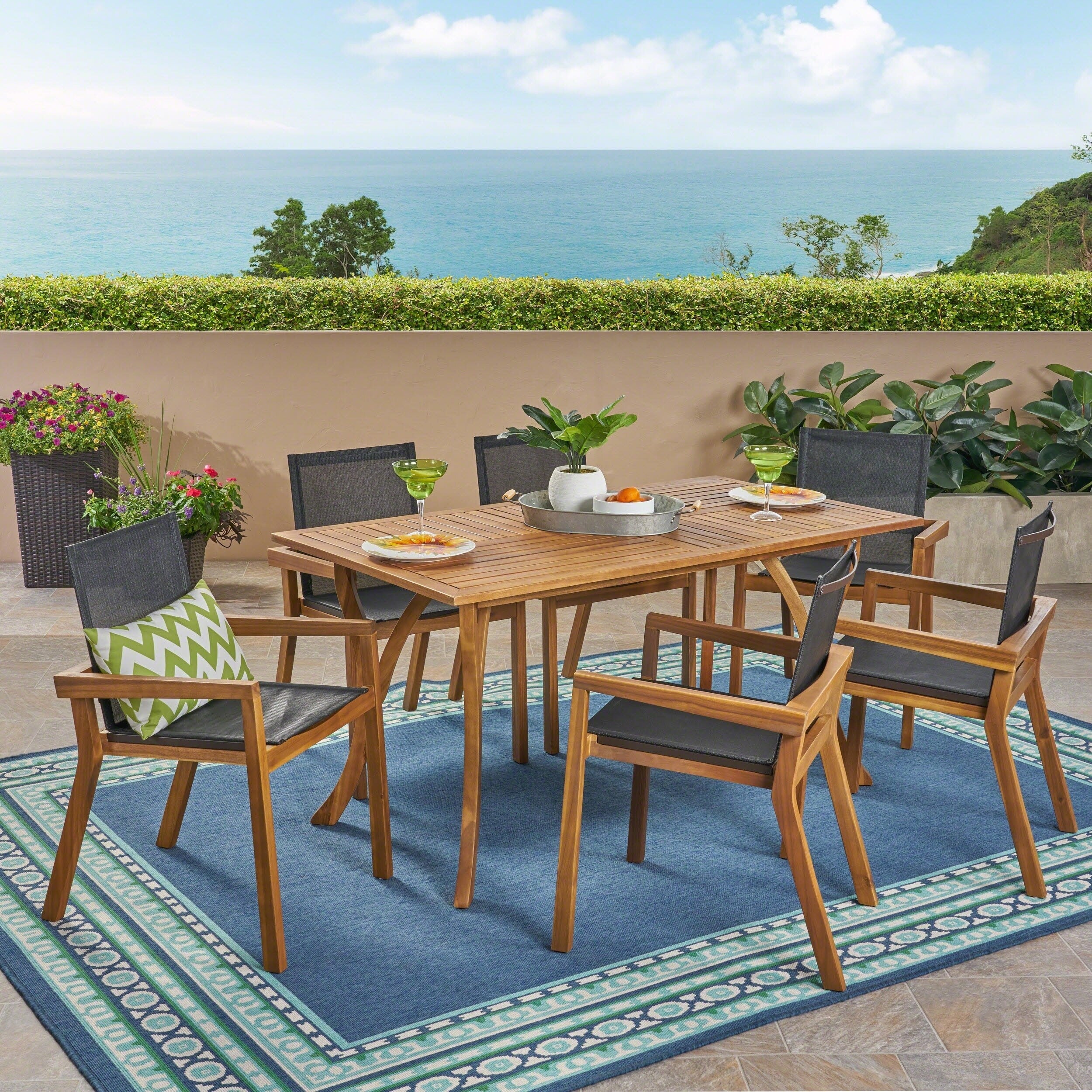 Shanter Outdoor 6 Seater Rectangular Acacia Wood Mesh Seats Dining Set By Christopher Knight Home
