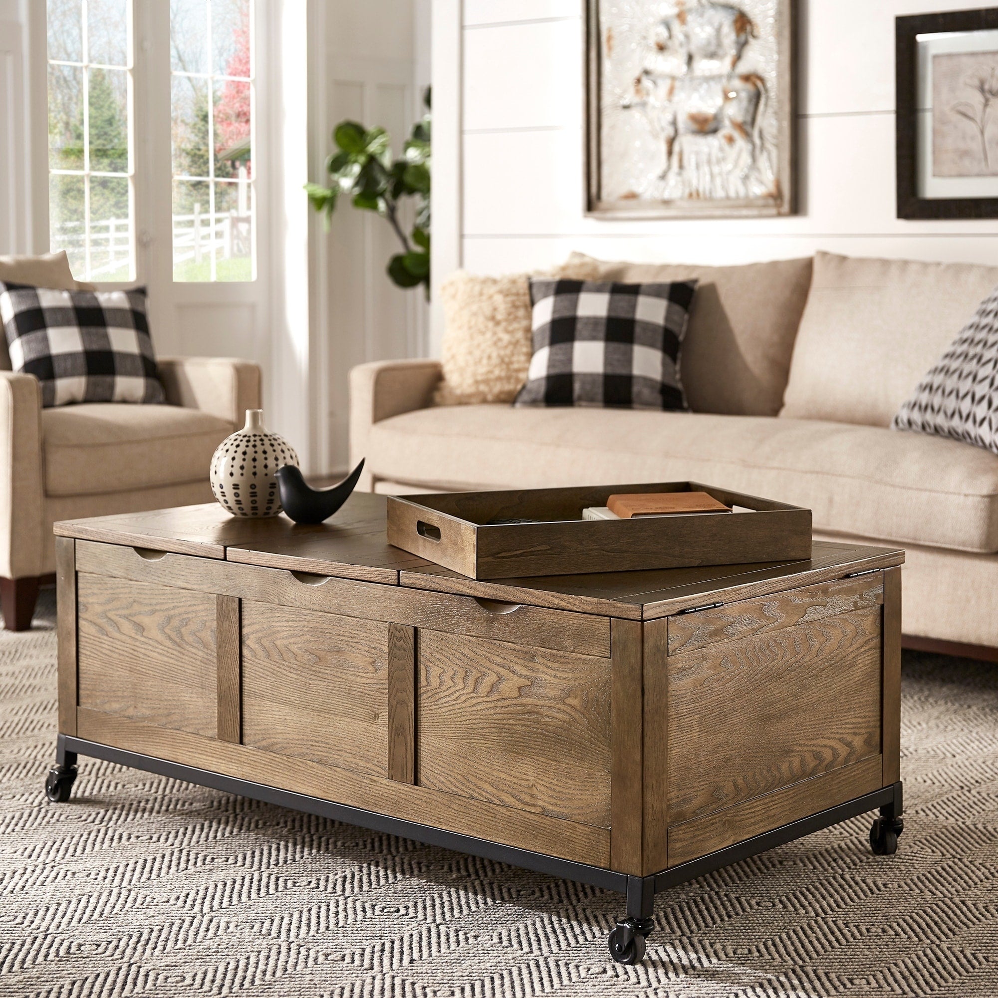 Shay Rectangular Storage Cocktail Table With Removeable Tray And Caster Wheels By Inspire Q Artisan