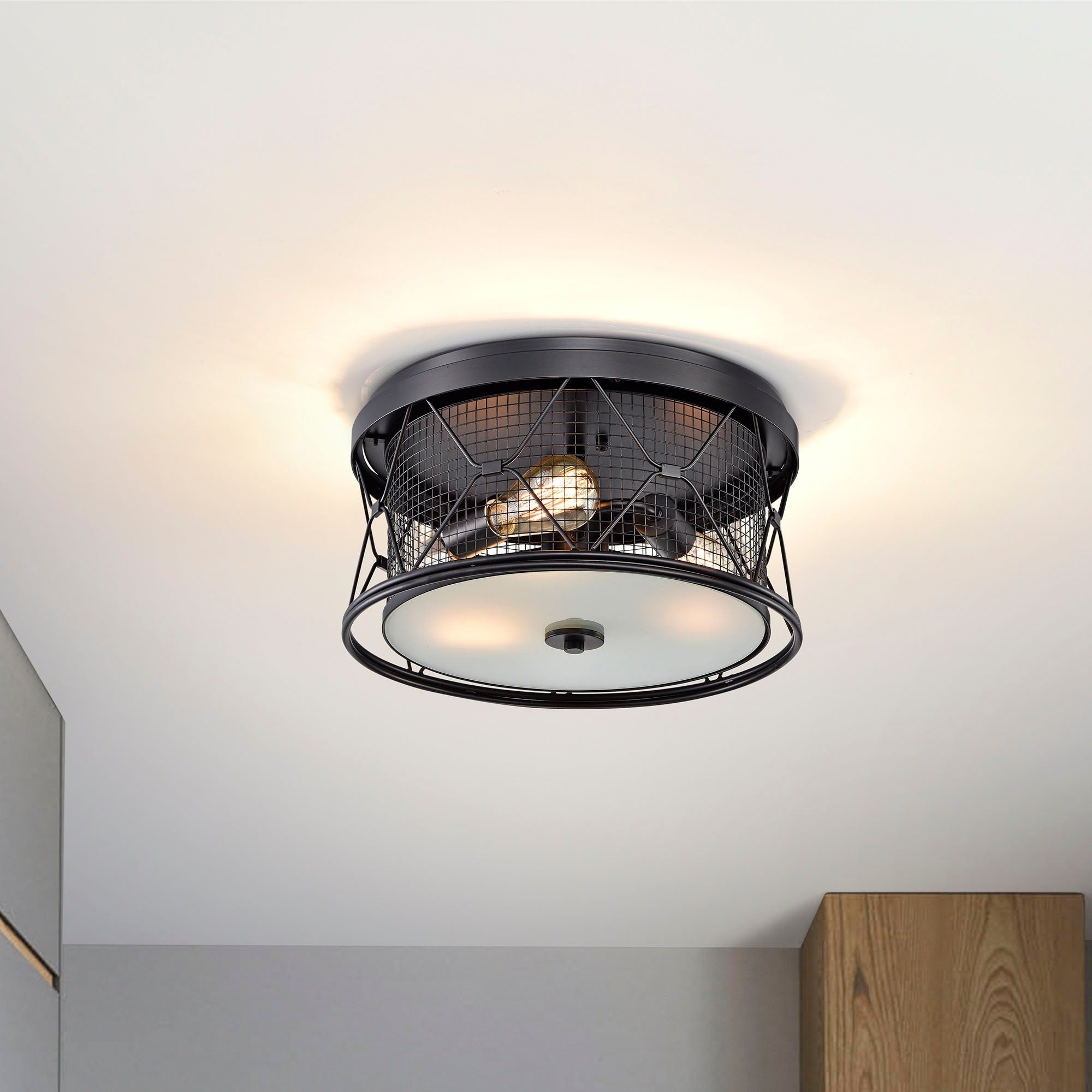 Sheela Matte Black Geometric Pattern Cage 3 Light Metal Flush Mount