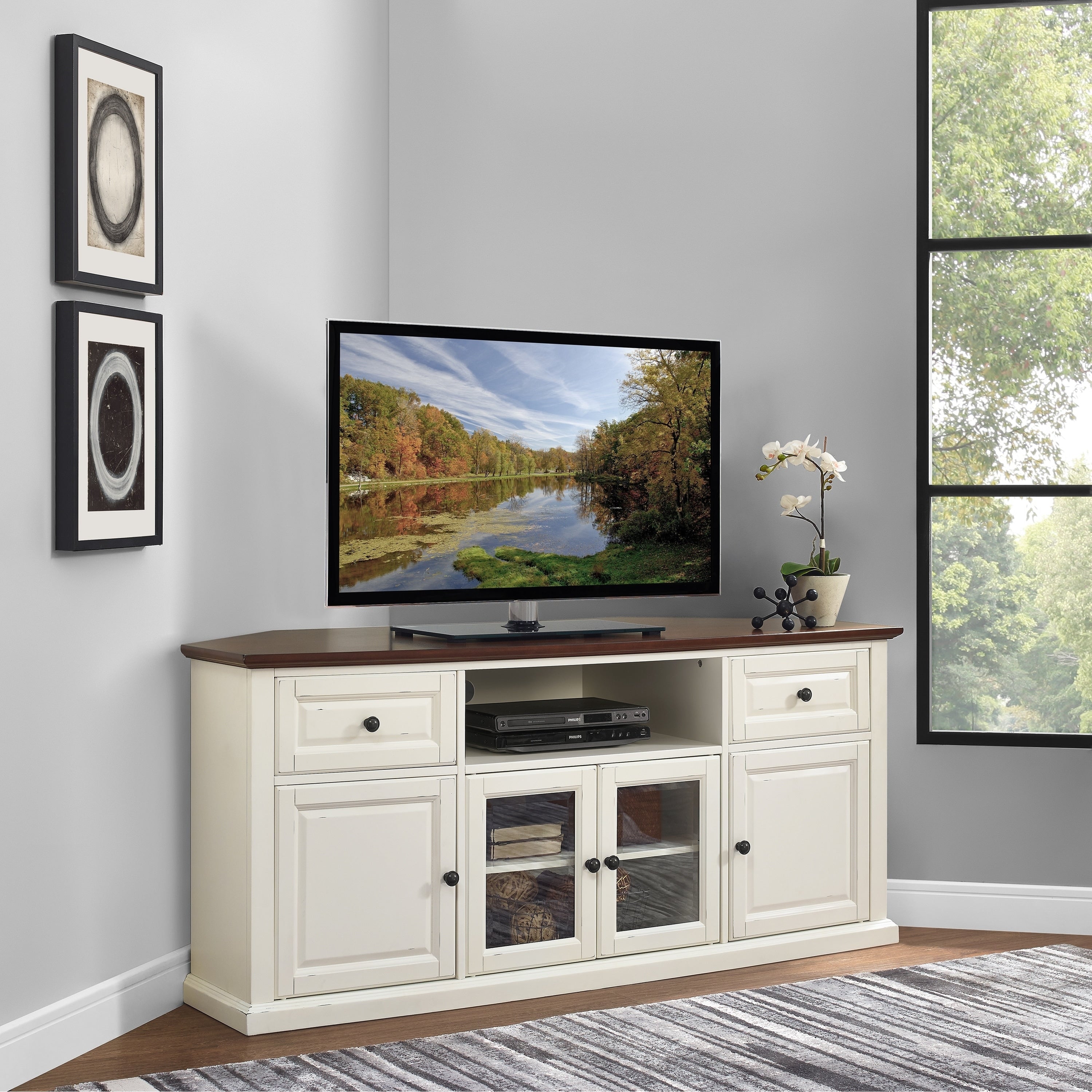 Crosley Furniture Shelby White Veneer 60 Inch Corner Tv Stand With Mahogany Top