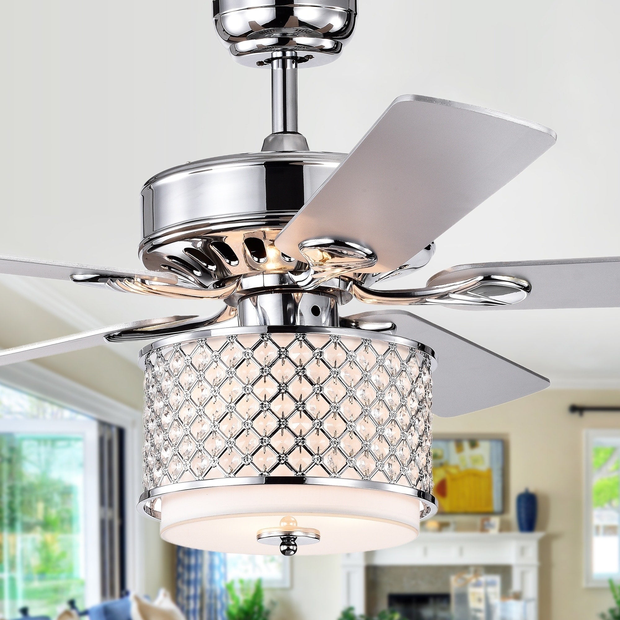 Shelee Chrome 52 Inch 5 Blade Lighted Ceiling Fan With Glass Shade Incl. Remote 2 Color Option Fan Blades 52 X H 22.05