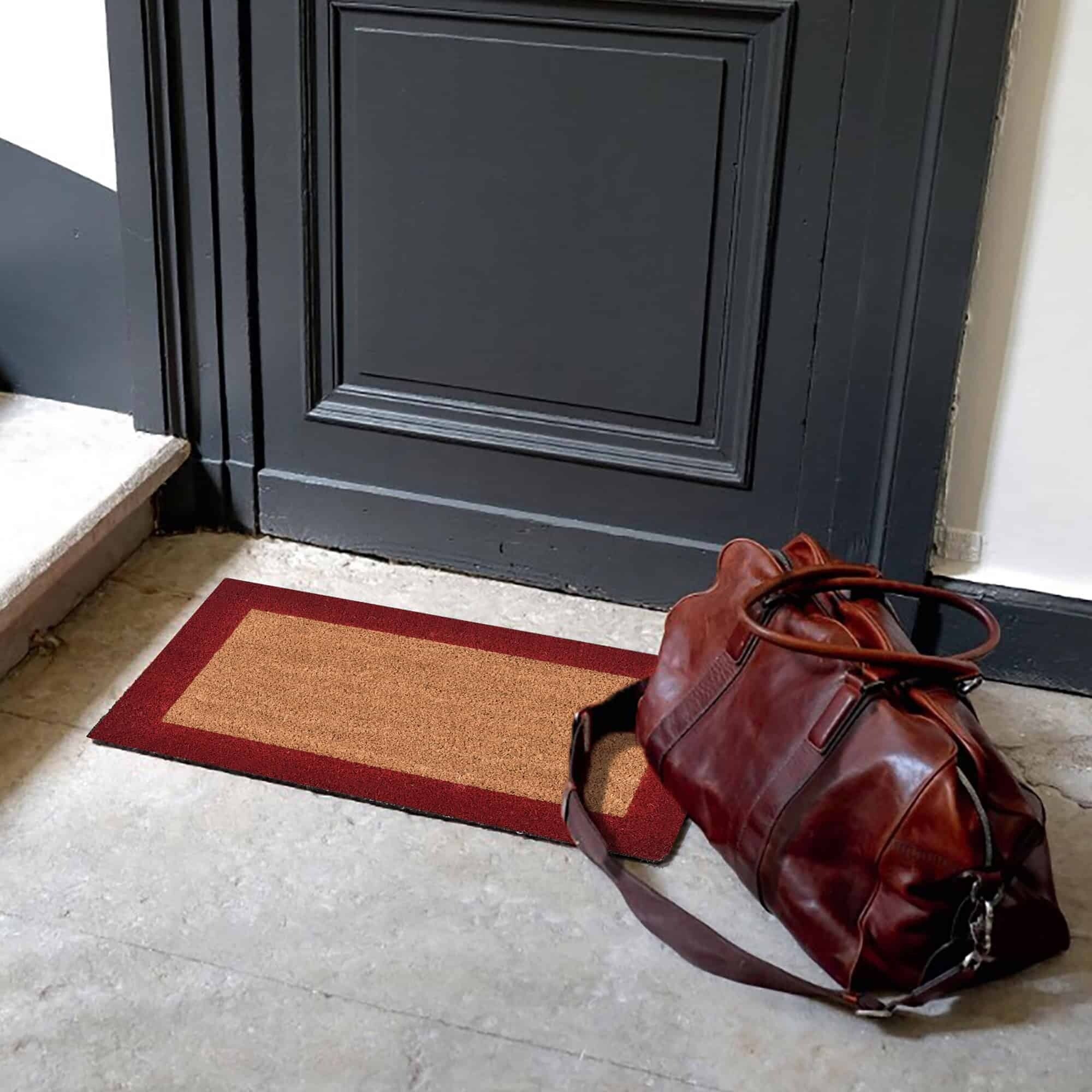 Evideco Sheltered Front Door Mat Coir Coco Fibers Rug 24X13 Inch Natural Border Red