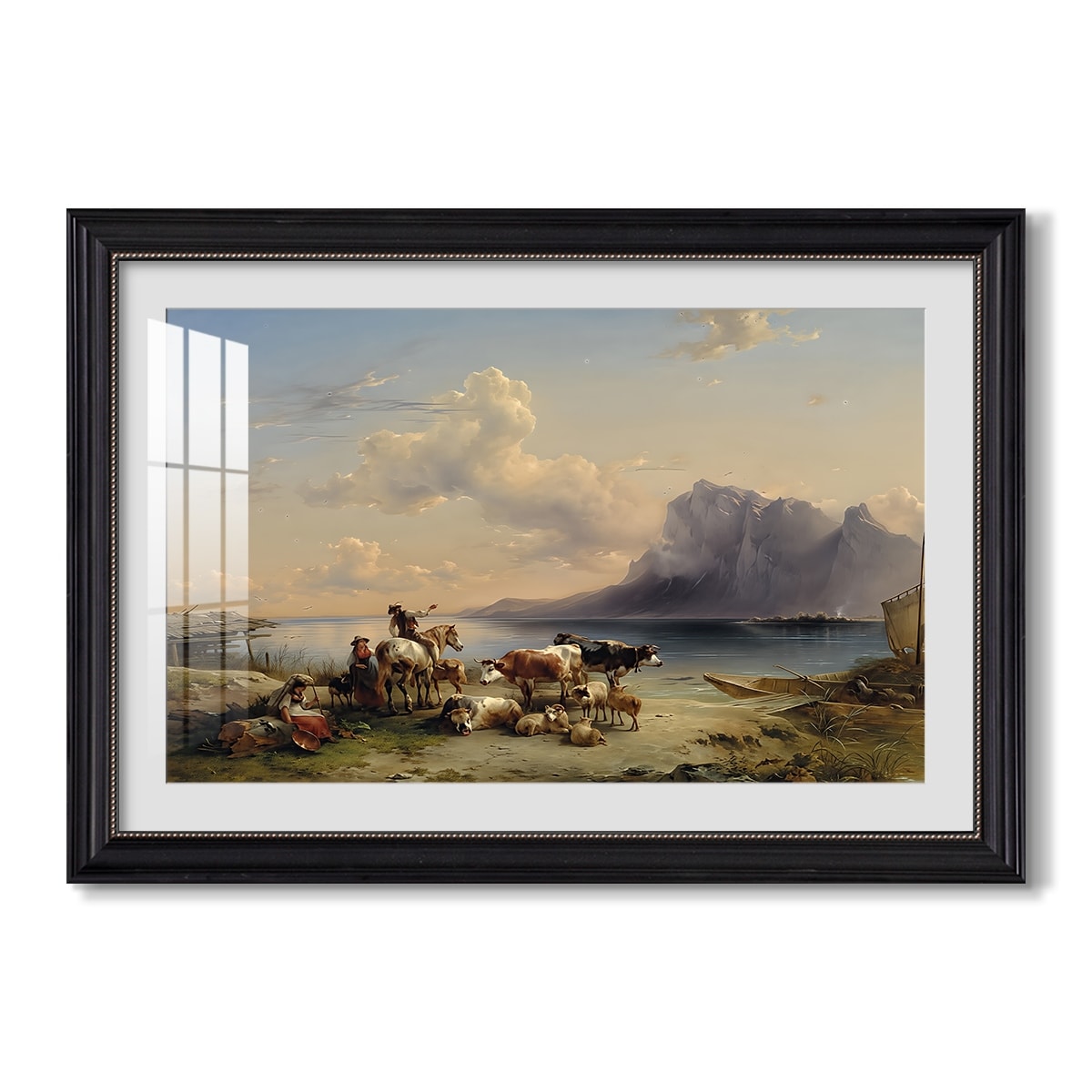Shepherds And Cattle On Lake 1852 August Wilhelm Leu Custom Framed Print